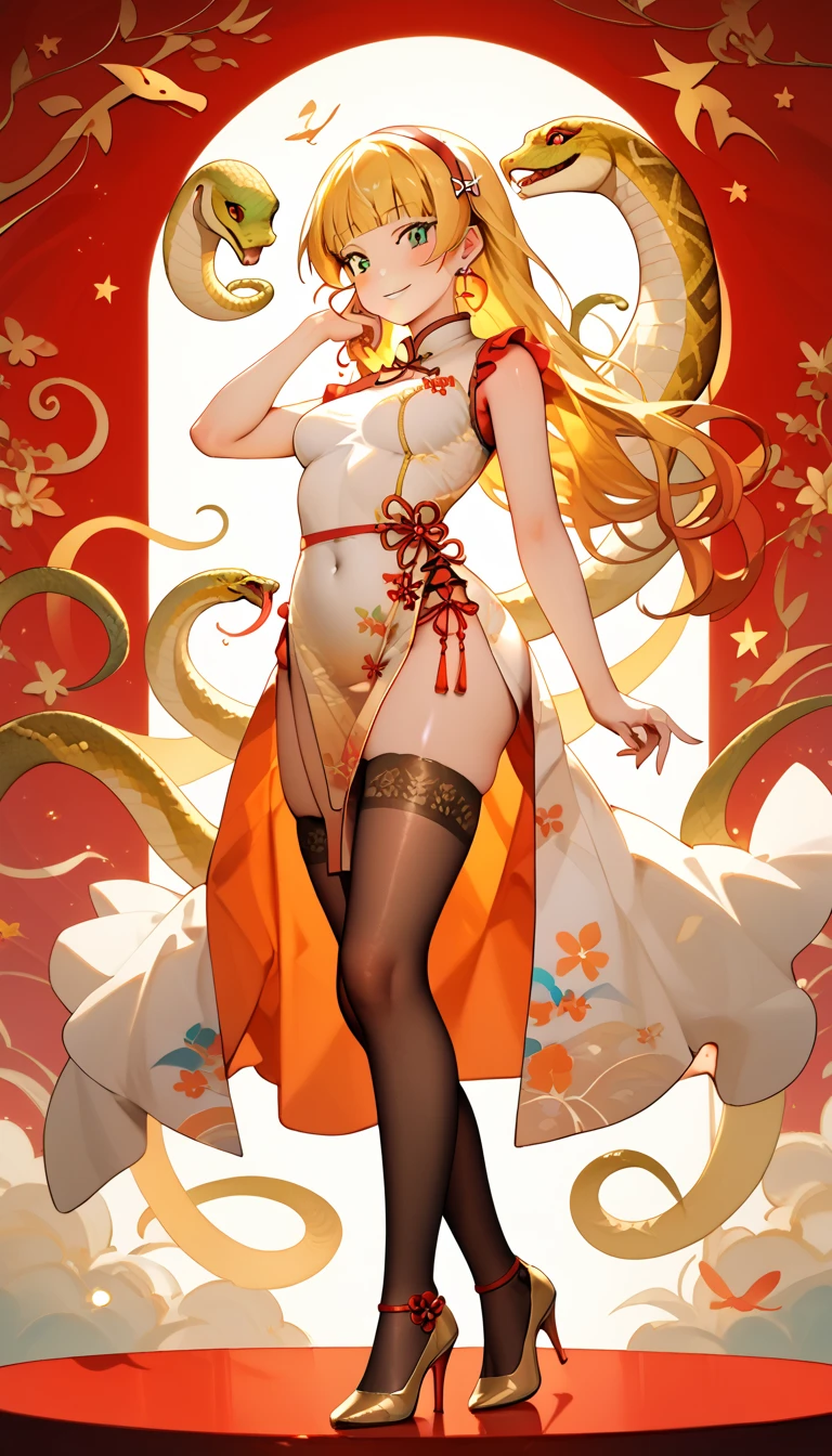 blonde hair, countdown, green eyes, hairband, heanna sumire, long hair, love live!, love live! superstar!!, red hair adorn, gold and white snake pattern qipao, straight hair, snake pattern luxury lace thighhighs, , Chinese house, Chinese bedroom background, high heels,  body,  legs,  , hip bones, cleveage, boob window, earrings, cowboy shot, look from below, masterpiece,best quality,absurdres, amazing quality, shiny skin, Masterpiece, best quality , perfect face , highest resolution, best quality , eyes, 8k, perfect detailed eyes, detailed background