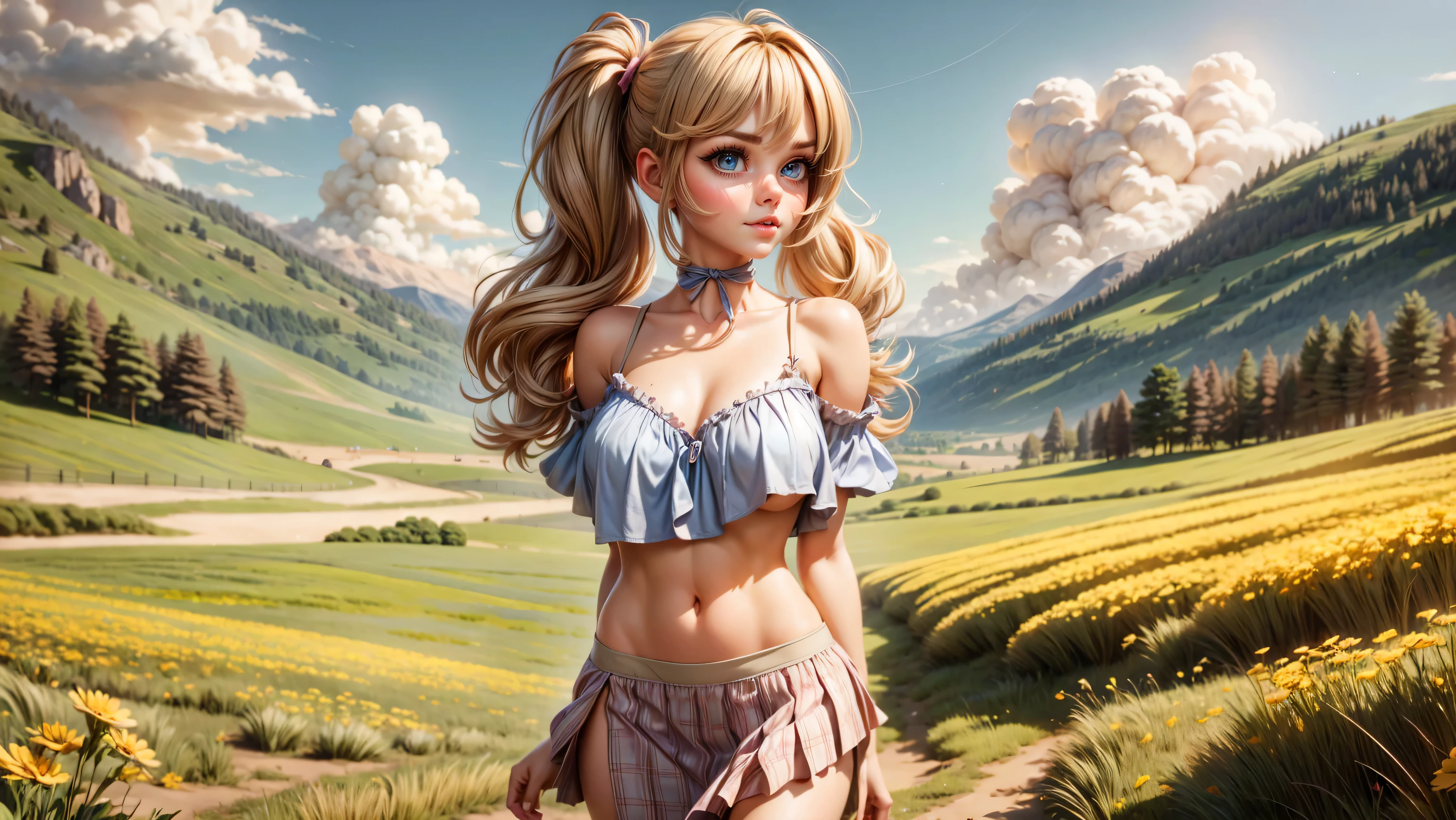 ((1girl, solo)), standing in a meadow full of wildflowers, young girl, cute girl, skinny, petite, long hair, pigtails, pastel colors, ((loose top)), midriff, ((top loosely draped over her breasts)), underboob, looking at viewer, sexy, skirt low on hips, cowboy shot, (full body portrait), beautiful lips, sexy mouth, ribbon, hair ribbon, bangs, upper body, blue eyed, bangs, ribbon, meadow background, springtime, walking through a meadow,