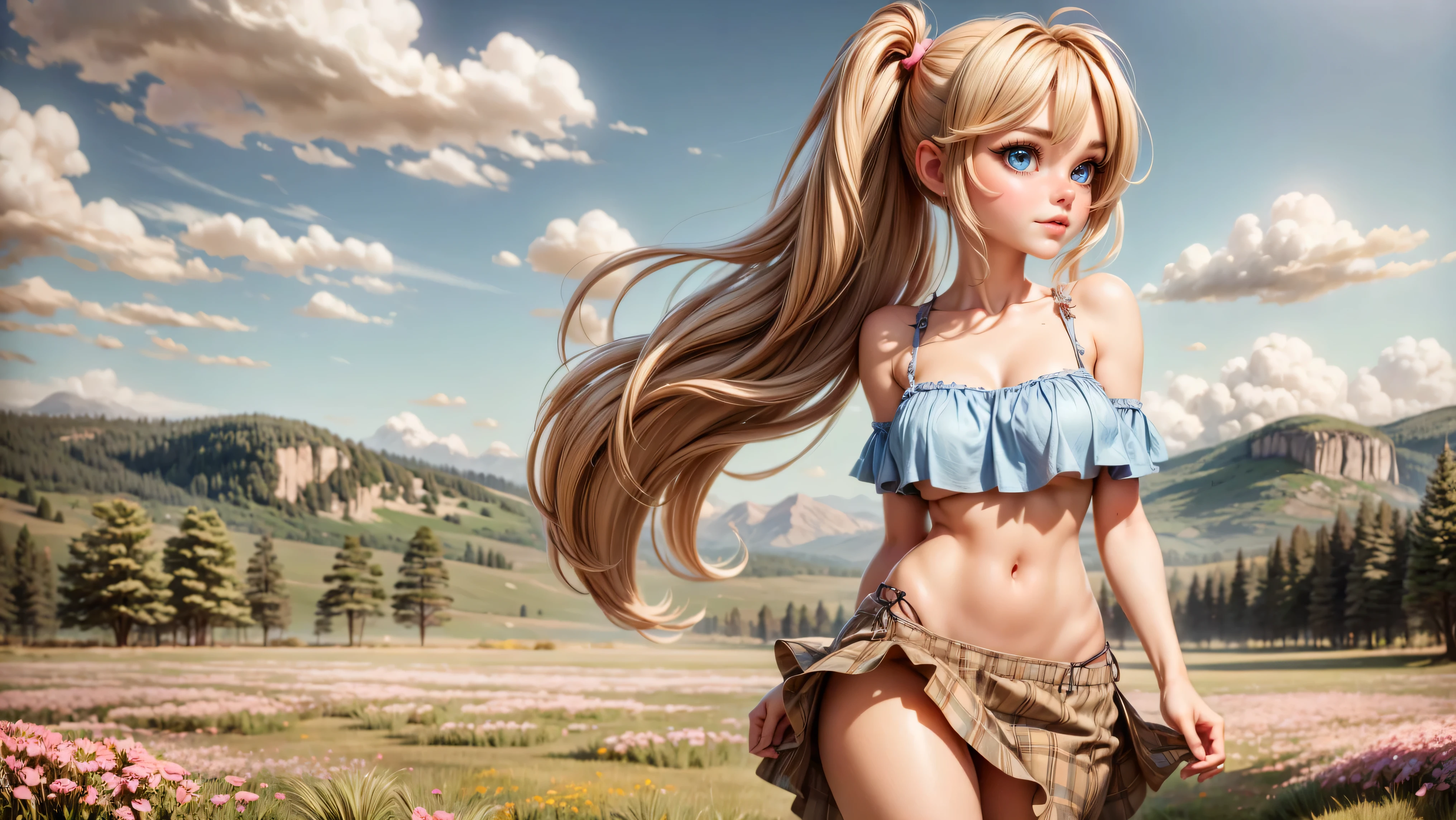 ((1girl, solo)), standing in a meadow full of wildflowers, young girl, cute girl, skinny, petite, long hair, pigtails, pastel colors, ((loose top)), midriff, ((top loosely draped over her breasts)), underboob, looking at viewer, sexy, skirt low on hips, cowboy shot, (full body portrait), beautiful lips, sexy mouth, ribbon, hair ribbon, bangs, upper body, blue eyed, bangs, ribbon, meadow background, springtime, walking through a meadow,