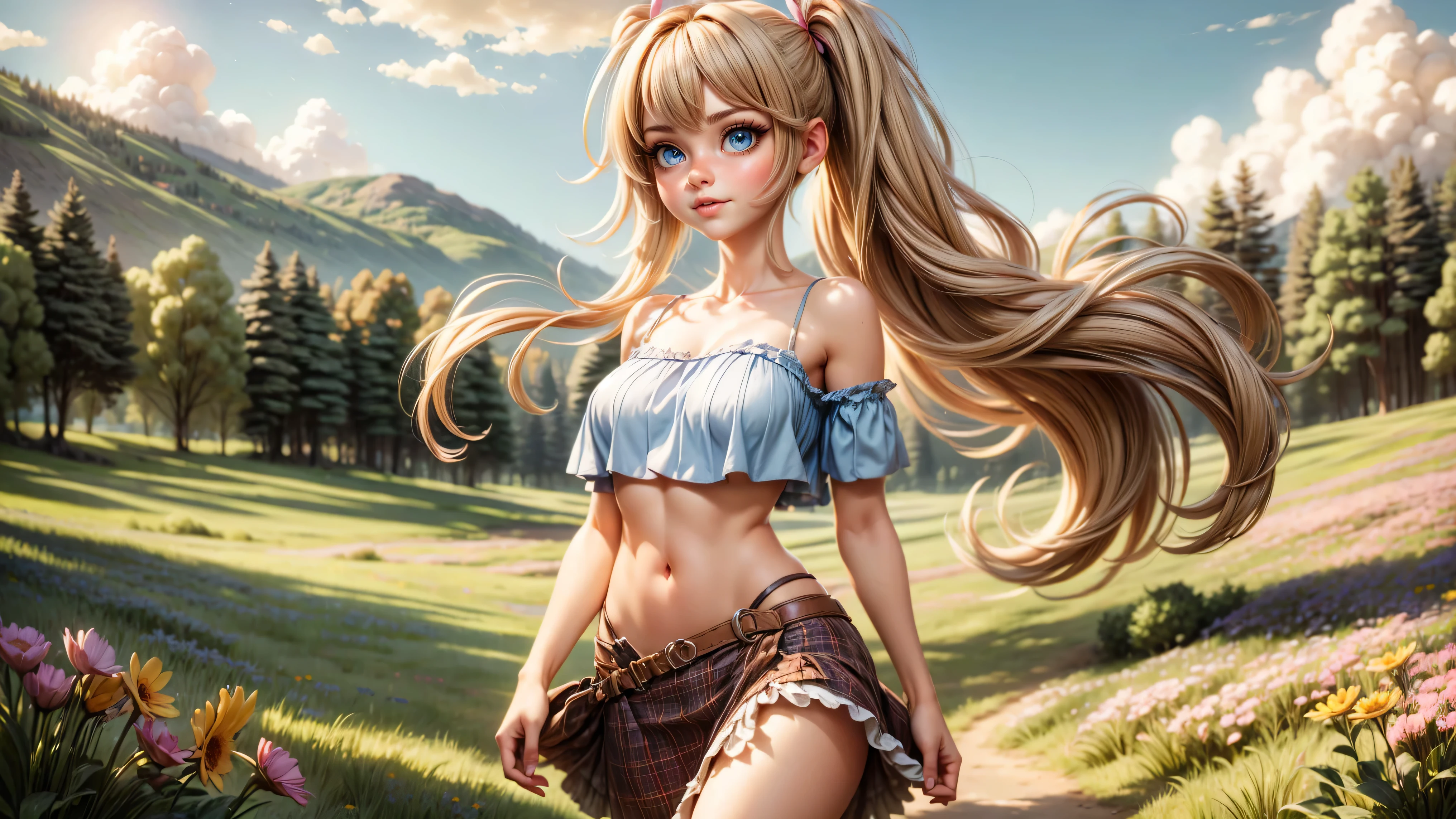 ((1girl, solo)), standing in a meadow full of wildflowers, young girl, cute girl, skinny, petite, long hair, pigtails, pastel colors, ((loose top)), midriff, ((top loosely draped over her breasts)), underboob, looking at viewer, sexy, skirt low on hips, cowboy shot, (full body portrait), beautiful lips, sexy mouth, ribbon, hair ribbon, bangs, upper body, blue eyed, bangs, ribbon, meadow background, springtime, walking through a meadow,