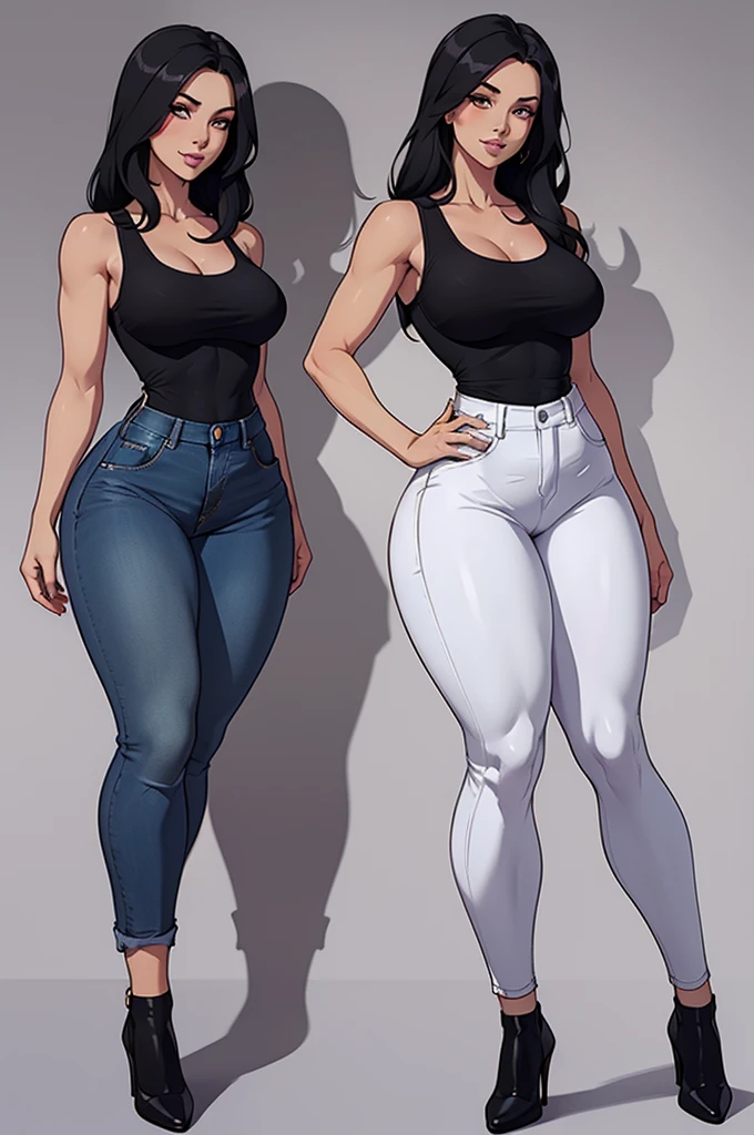 (Curvy:1.8), latina, (one person), (straight black hair), (wearing skin tight jeans:1.4), (thigh high boots:1.4), (tan skin:1.4, (wide hips), (thick thighs:1.6)