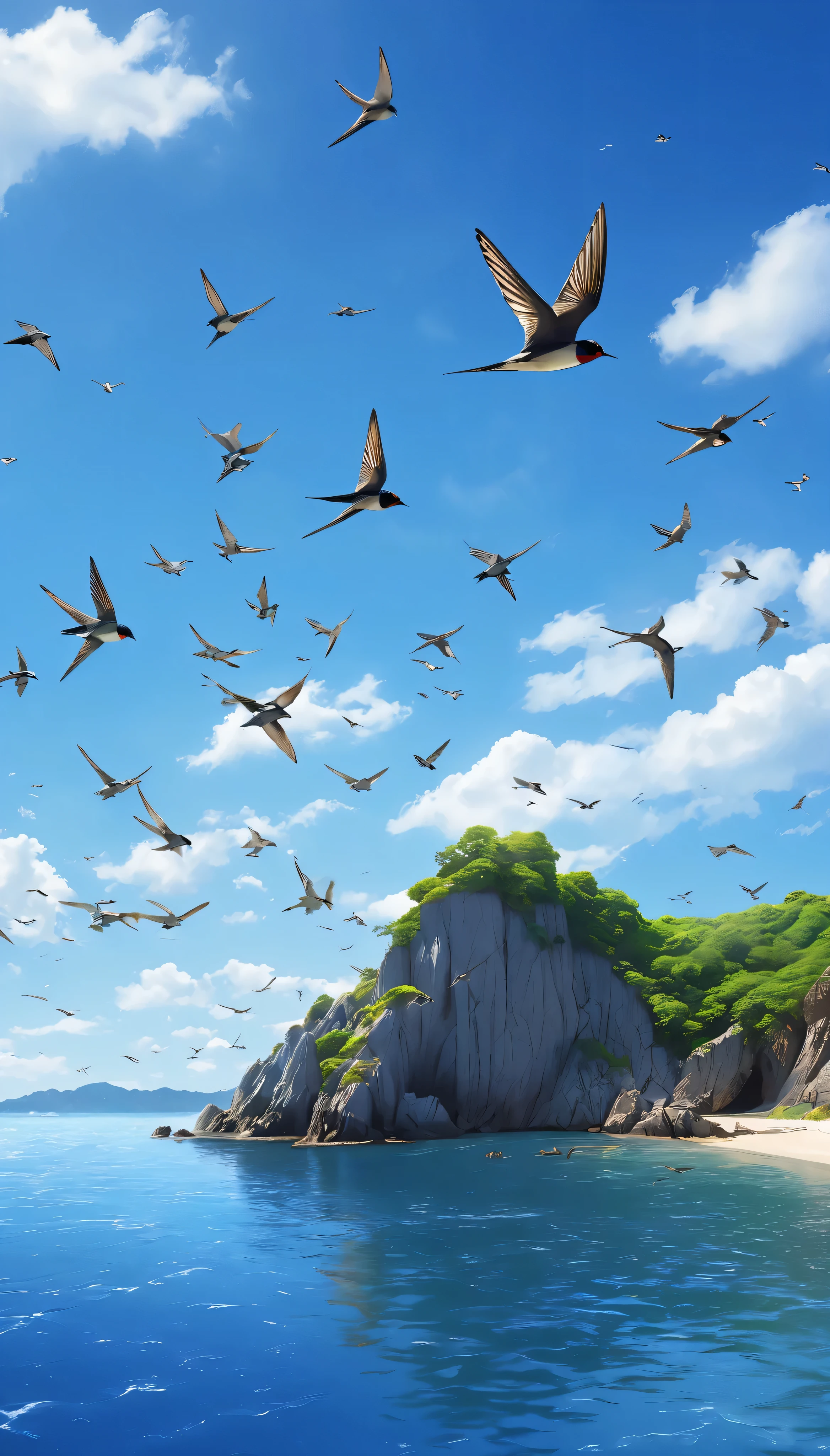 in high definition, Migratory birds,Migratory birds inspired by Romare Bearden ( swallows are flying in the sky) Under the clear blue sky、An island beyond the ocean