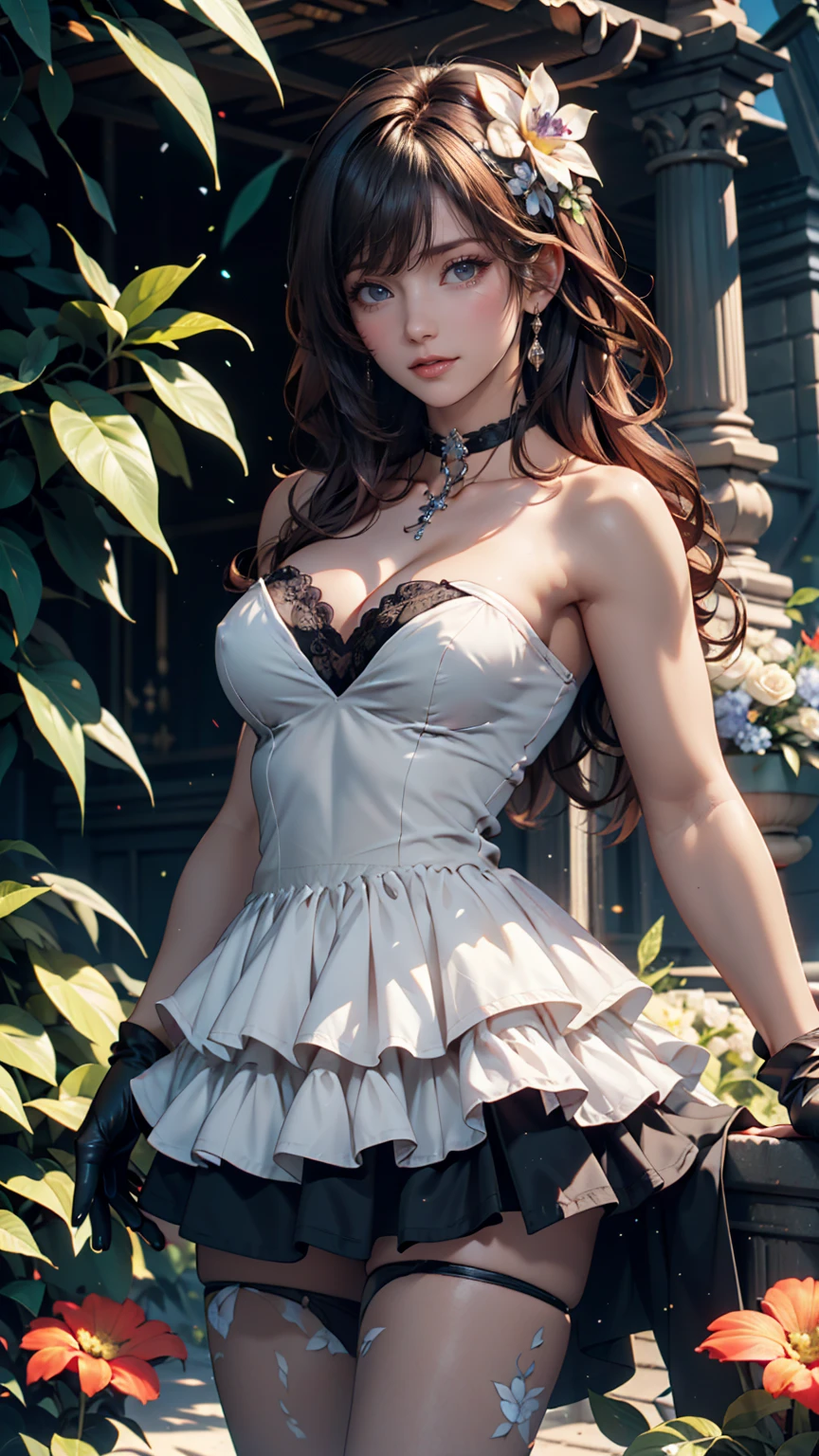masterpiece,best quality,high resolution,Extremely detailed,Elena,have,Long hair,curls,Pink Eyes,earrings,cape,dress,Short sleeve,Gloves,belt,skirt,Black pantyhose,boots,Wind lift,blush,(Make it embarrassing:1.2),outdoor,garden,