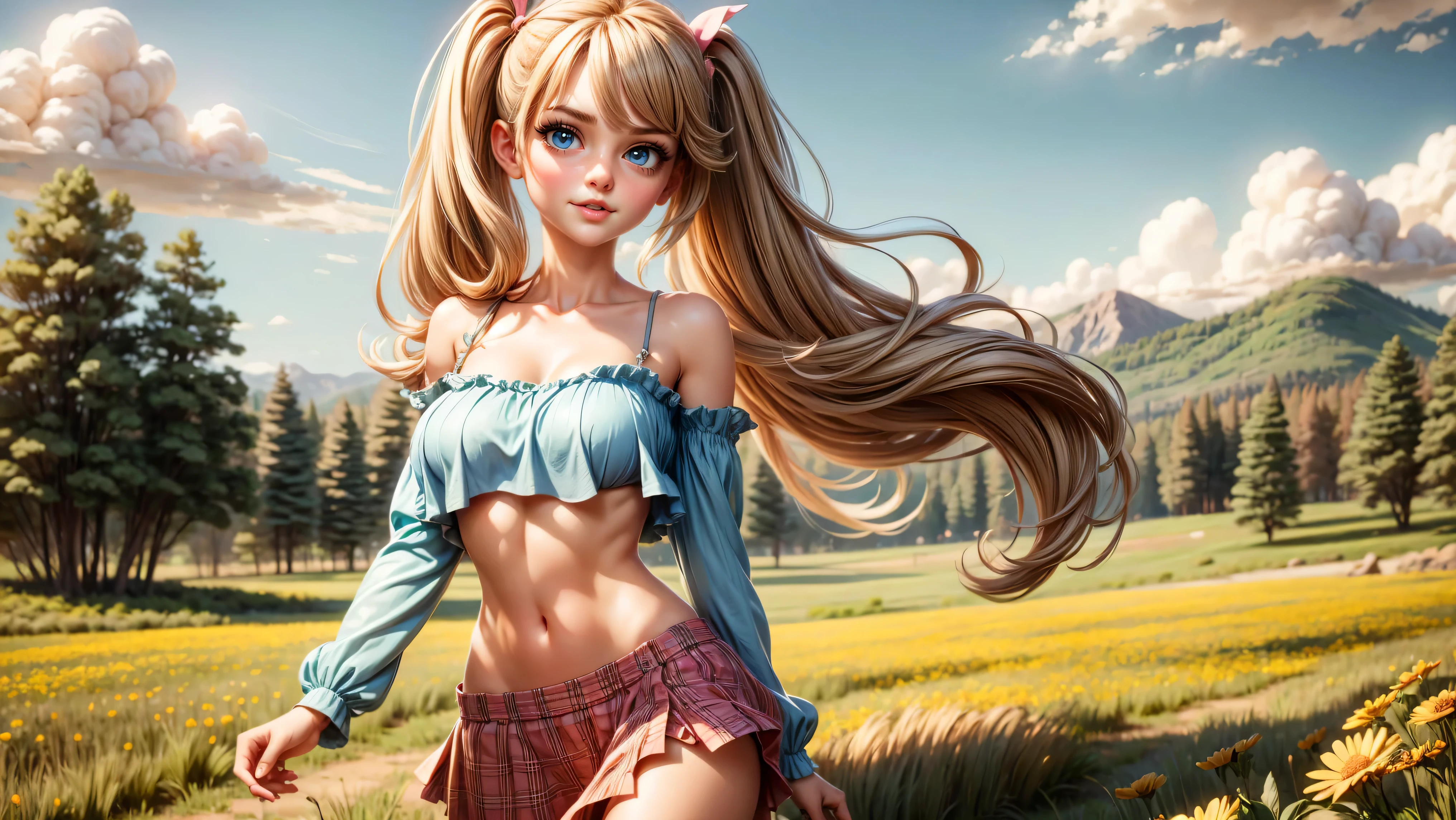 ((1girl, solo)), standing in a meadow full of wildflowers, young girl, cute girl, skinny, petite, long hair, pigtails, pastel colors, ((loose top)), midriff, ((top loosely draped over her breasts)), underboob, looking at viewer, sexy, skirt low on hips, cowboy shot, (full body portrait), beautiful lips, sexy mouth, ribbon, hair ribbon, bangs, upper body, blue eyed, bangs, ribbon, meadow background, springtime, walking through a meadow,