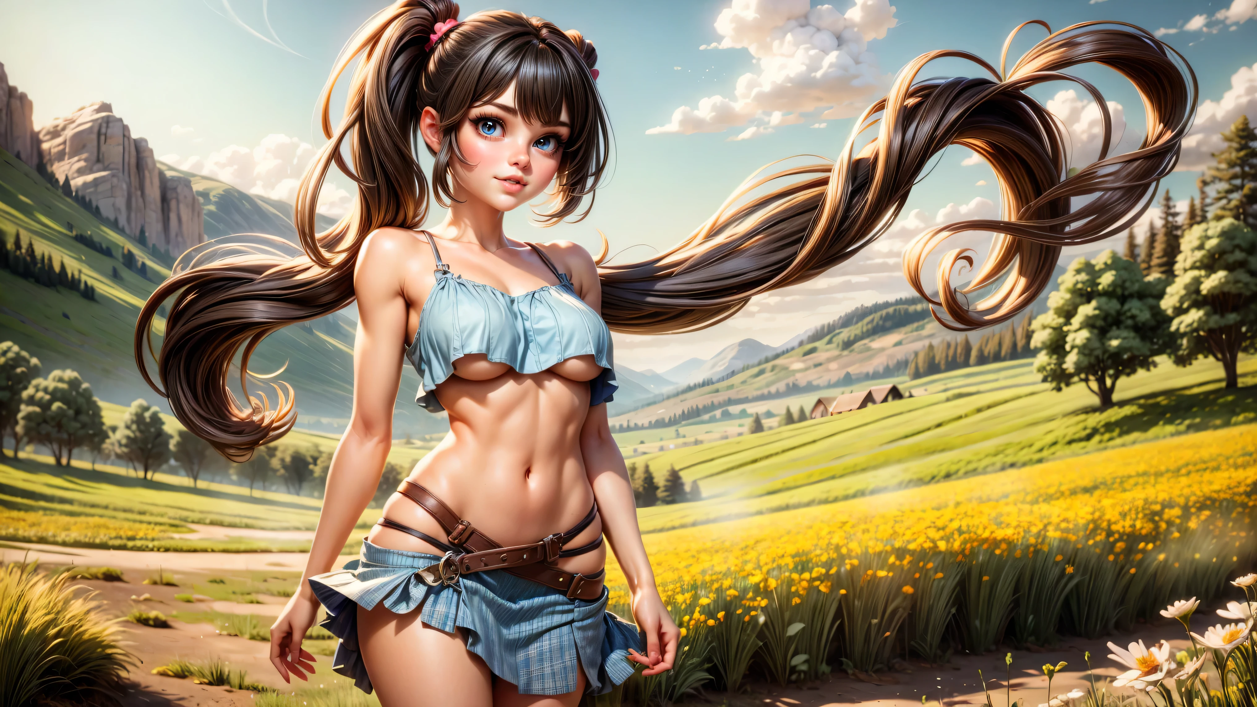 ((1girl, solo)), standing in a meadow full of wildflowers, young girl, cute girl, skinny, petite, long hair, pigtails, pastel colors, ((loose top)), midriff, ((top loosely draped over her breasts)), underboob, looking at viewer, sexy, skirt low on hips, cowboy shot, (full body portrait), ((black hair)), beautiful lips, sexy mouth, ribbon, hair ribbon, bangs, upper body, blue eyed, bangs, ribbon, meadow background, springtime, walking through a meadow,