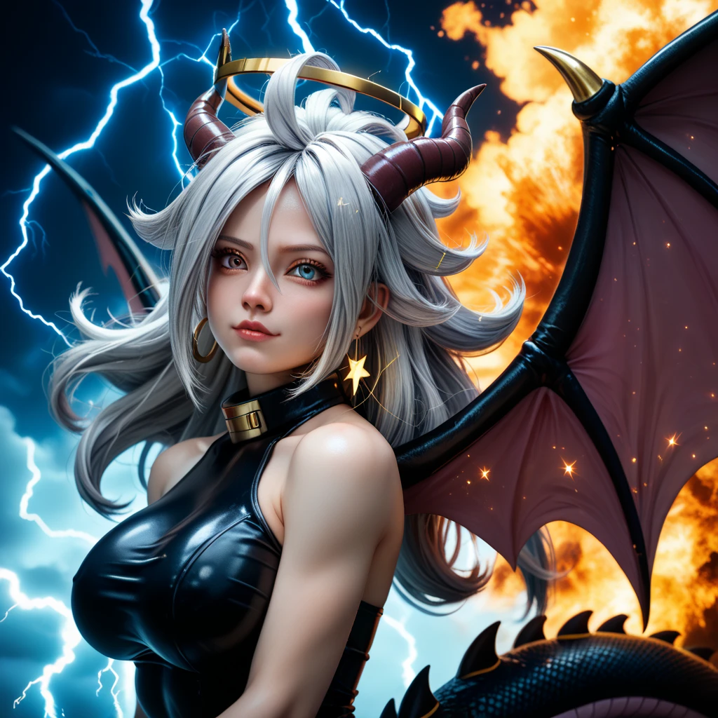 Renaissance white marble statue, city park, female, red backlight, medium shot, cute, detailed face, detailed eyes, realistic, cinematic, digital art, octane render, demonic appearance, bat-like wings, long hair, pointed tail, claws, two large horns, scantily clad, carries a whip, radiant yet menacing aura, heart-shaped face, sharp teeth, often adorned with various jewelry --auto