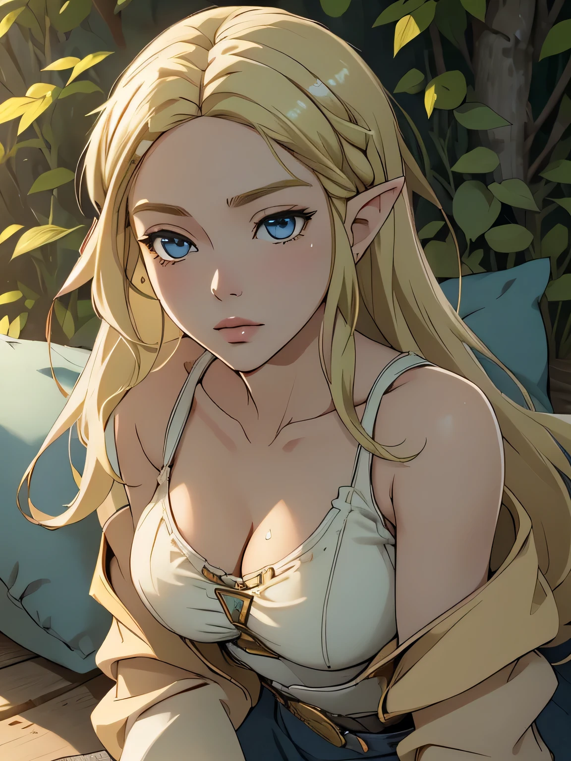 1girl in, 21, princess Zelda, photo of perfect woman, portrait, looking straight at camera, 5'3", Solo, Aesthetic artwork, (blond, straight blonde hair, waist length blond hair:1.25), (clear skin, pale skin, small breasts, B-cup, runners body, very thin waist, skinny, petite, detailed skin texture, (Masterpiece), (lying face down on a pillow, chest squished down, leaning forward, sleepy expression, Half-Lidded eyes, glossy lips, cleavage, focus on breasts:1.2), (wearing an open jean jacket, White tank top, blue jeans:1.1), walking through a dog park, Trees and open fields, evening outdoor lighting, high quality, film grain, Fujifilm XT3 sharp focus, f 5.6, 50mm, High Detail, Sharp focus, (natural light), crazy details, complex details, hyper detailed