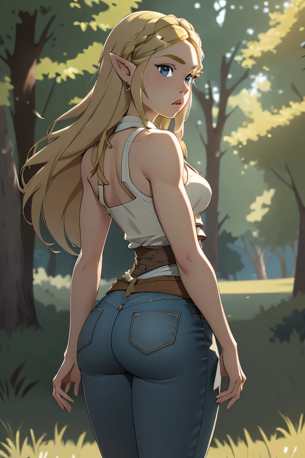 1girl in, 21, princess Zelda, photo of perfect woman, portrait, looking straight at camera, 5'3", Solo, Aesthetic artwork, (blond, straight blonde hair, waist length blond hair:1.25), (clear skin, pale skin, small breasts, B-cup, runners body, very thin waist, skinny, petite, detailed skin texture, (Masterpiece), (shot from behind, up skirt, shocked expression, wide eyes, parted lips, focus on ass:1.2), (wearing an open jean jacket, White tank top, blue jeans:1.1), walking through a dog park, Trees and open fields, (extremely detailed 8k wallpaper), outdoor lighting, high quality, film grain, Fujifilm XT3 sharp focus, f 5.6, 50mm, High Detail, Sharp focus, (natural light), crazy details, complex details, hyper detailed