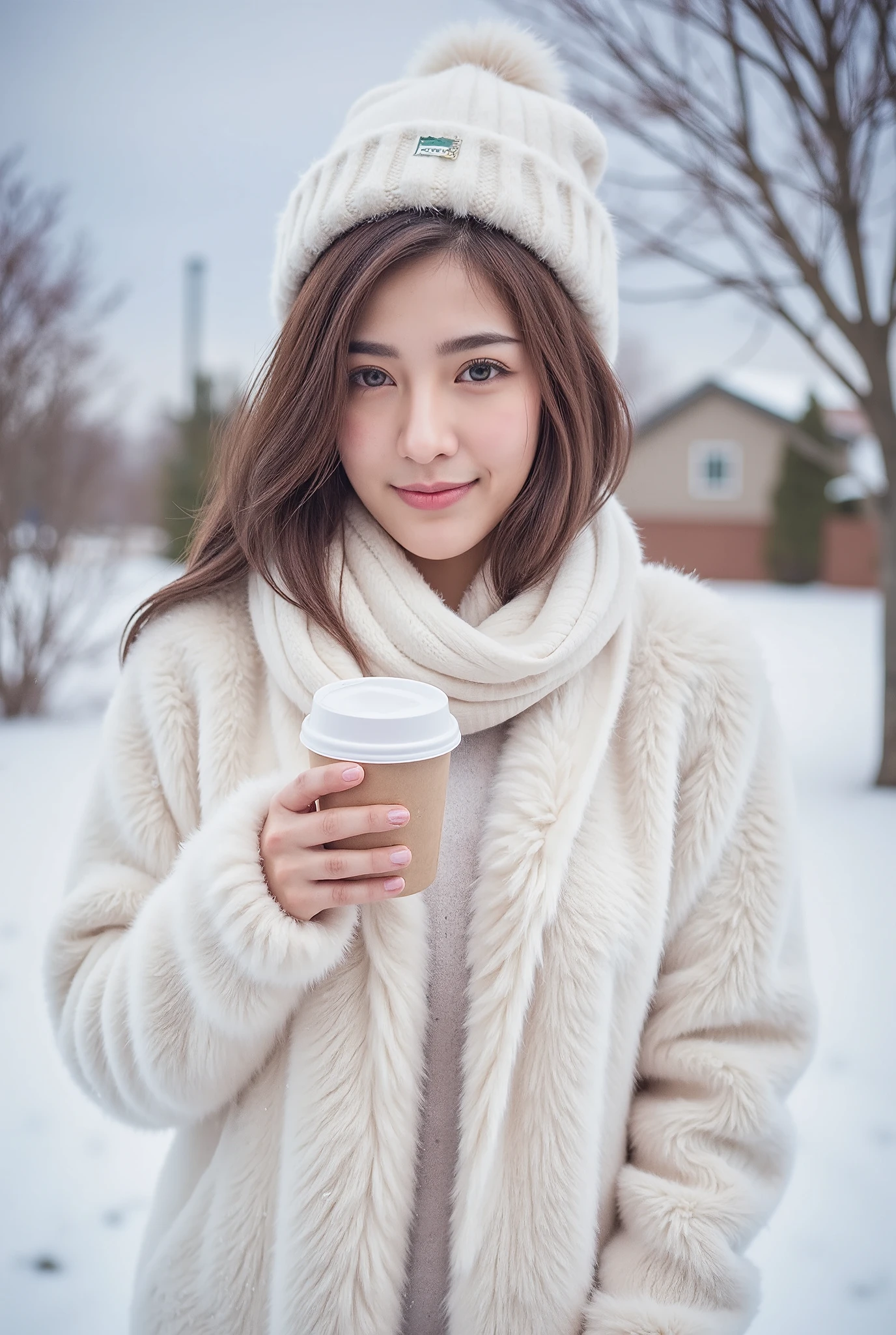 (8K live shooting, medium quality, Masterpiece:1.2), very detailed, Super Resolution, high resolution RAW color photo, Professional Photoshoot,8KImage Wallpaper, perfect anatomy,fashion photography portrait of 1girl, award winning photograph,beautiful goddes,(((side view)))((from above,cowboy shot)),((Fluffy white knit winter clothes,fluffy white knit long scarf,fluffy white knit hat:1.3)),(pale skin),(((big smile,teeth:1.5) )),(hot drink),(( standing )),Compensate,winter,day, ((snow field)),((curvy,wide hip,plump:1.5)), Big Breasts, photorealistic 、 beautiful detailed eyes、 realistic skin、 Highest Image Quality 、 best quality 、 Ultra-high definition,high school girl,busty breasts,((bangs:1.8)),black hair, thighs, wide hips, thighs, full body, sunlight ,japanese_woman,velo,ral-fluff