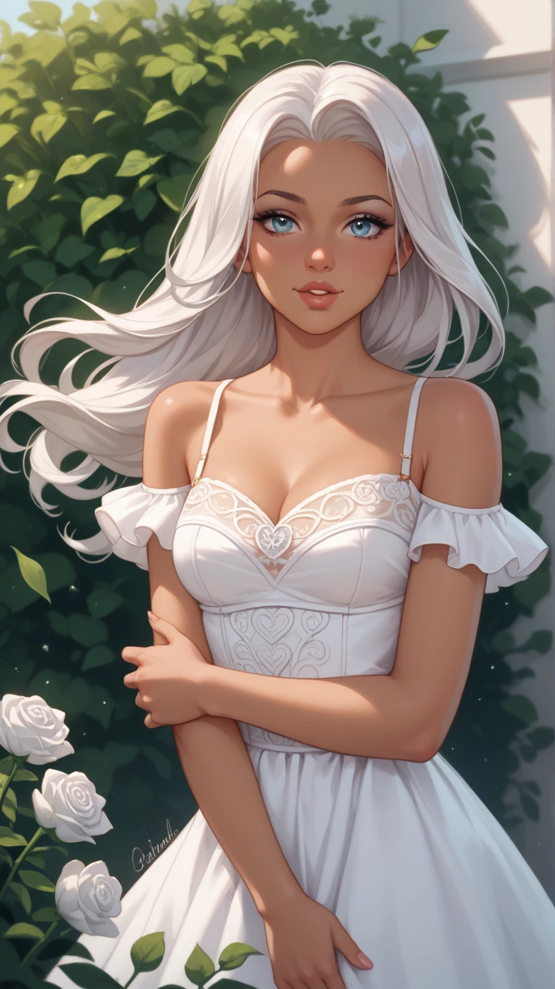 ((best quality)), ((masterpiece)), (detailed), 1girl, mixed race girl, African American + Caucasian girl with lighter skin, young woman, pretty, skinny, white hair, modern attire, modest, long hair, sun dress (not white)