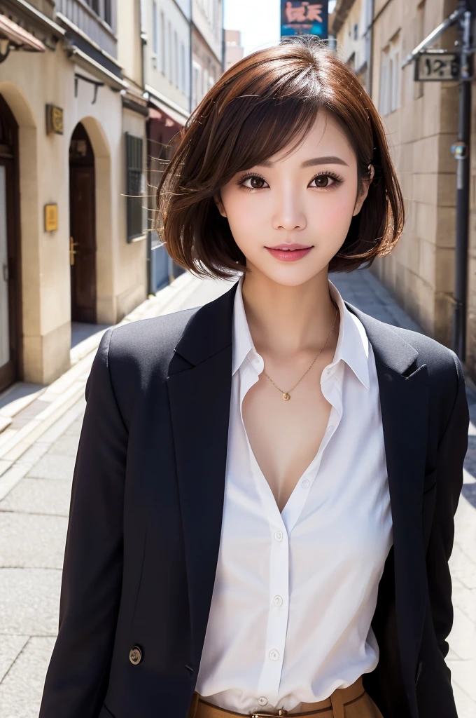 highest quality, realistic, super detailed, finely, High resolution, 8k wallpaper, 1 beautiful woman,, light brown messy hair, wearing a business suit, sharp focus, perfect dynamic composition, beautiful and fine eyes, fine hair, Detailed realistic skin texture, smile, upper body photo、 model body shape,smile、Japanese beauty、20-year-old、short cut hairstyle、show cleavage