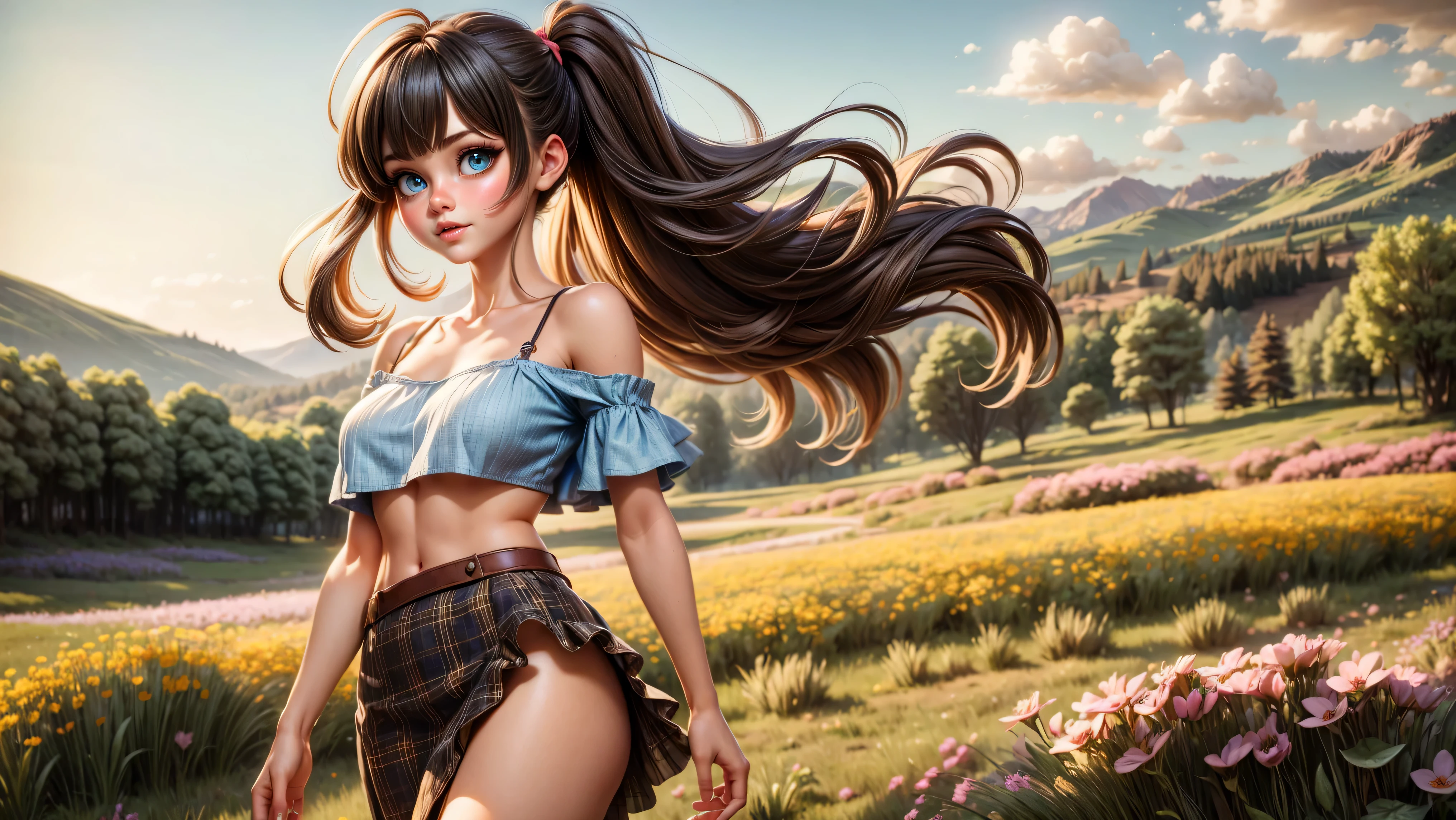 ((1girl, solo)), standing in a meadow full of wildflowers, young girl, cute girl, skinny, petite, long hair, pigtails, pastel colors, ((loose top)), midriff, ((top loosely draped over her breasts)), underboob, looking at viewer, sexy, skirt low on hips, cowboy shot, (full body portrait), ((black hair)), beautiful lips, sexy mouth, ribbon, hair ribbon, bangs, upper body, blue eyed, bangs, ribbon, meadow background, springtime, walking through a meadow,