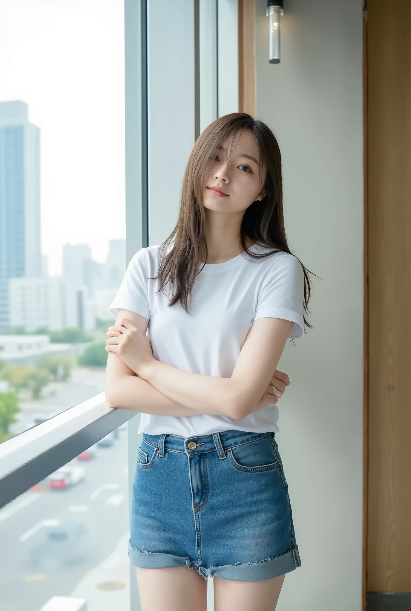 ( masterpiece, super detailed , envelope, clear focus, shadow, super high resolution , 8k, perfect anatomy, perfect face, ( detailed face ), ( detailed eyes ), pretty girl, ( ((wearing a short T-shirt))), navel showing, (((tight and seductive denim mini skirt that combines elements of style and sensuality))), elegant boots. This design seductively accentuates her silhouette, (((black hair, medium long hair)), black eyes. ((daytime)), ((scorching sunshine)), urban landscape in the background. ((beautiful breasts)),