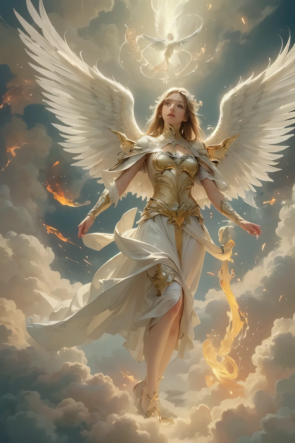 ( Masterpiece, top quality,   beautiful and aesthetic :1.2),(Seraphim),(holy  angel), angel,Giant Wings,Standing on the Clouds,hole々  looking down  ,  Look Down ,Giant creatures,  gentle breath  ,Mysterious Light,  spirit creature  ,(Finger details),free will  ,( Wind and fire are two wheels of a car),Noble,blazing  angel, shiny golden,guardian  angel,