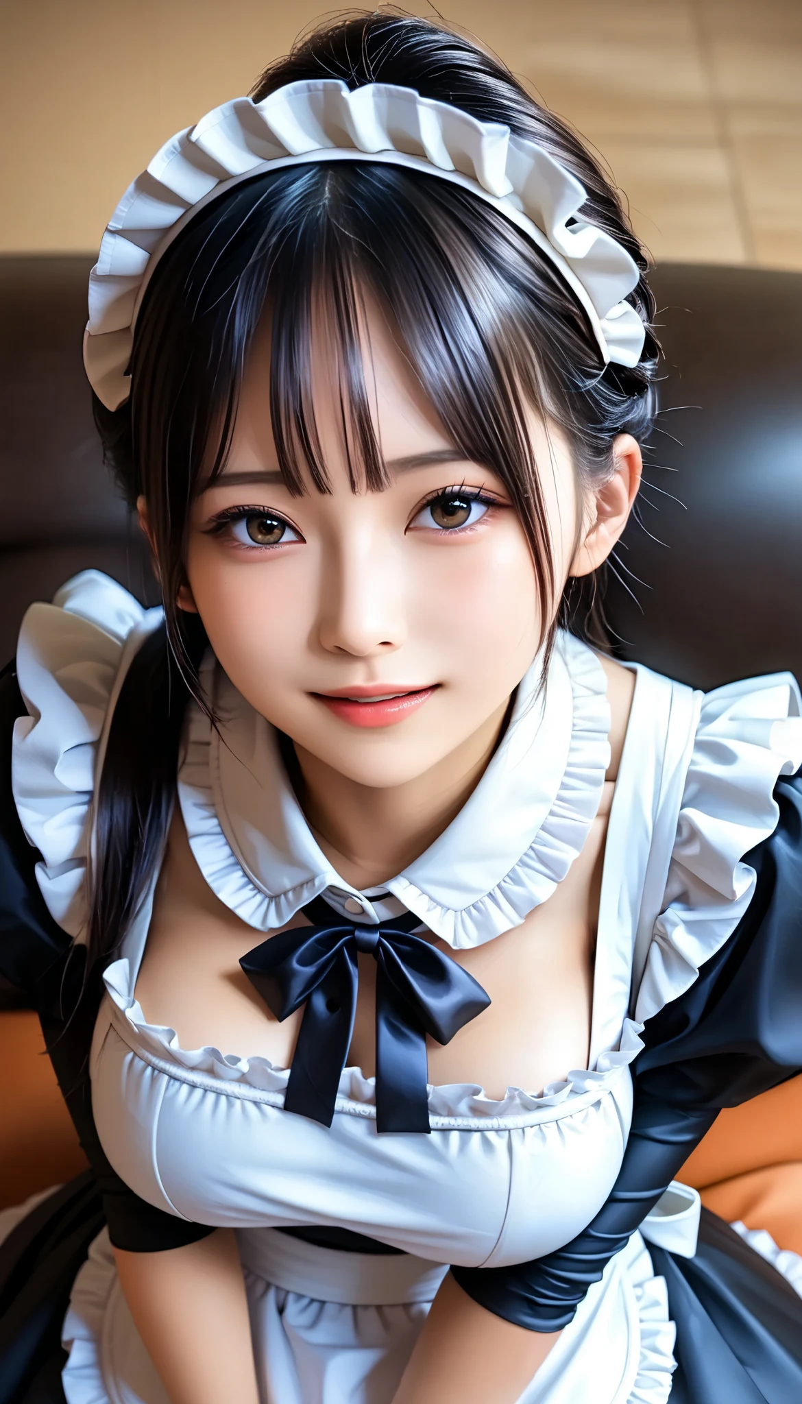 (Masterpiece, best quality:1.2),(8k:1.2),(Details:1.2),(detailed:1.2),(High Resolution:1.2),a cute 18-year-old Japanese woman,(((large breasts:1.5))),(((upper body,up to the knees:1.5))),(victorian maid,black and white maid clothes,Mini skirt:1.4),(White frilly bib apron:1.5),(white lace headdress),((Black pantyhose:1.5)),Mysterious Smile,Slender and small face,High cheekbones ,big almond-shaped eyes and long eyelashes,Smooth Skin, black straight long hair with bangs,exposed ears,(private room,sit on the sofa),(elegant pose),Big Breasts,,forward bend,,black hair, ponytail,(has an enchanting smile+Be in heat),Radiant skin ,from above,watches viewers,