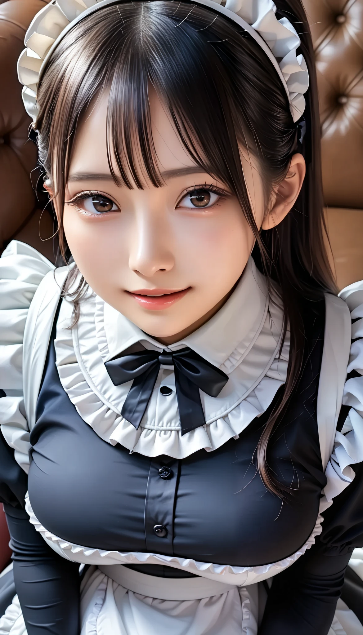 (Masterpiece, best quality:1.2),(8k:1.2),(Details:1.2),(detailed:1.2),(High Resolution:1.2),a cute 18-year-old Japanese woman,(((large breasts:1.5))),(((upper body,up to the knees:1.5))),(victorian maid,black and white maid clothes,Mini skirt:1.4),(White frilly bib apron:1.5),(white lace headdress),((Black pantyhose:1.5)),Mysterious Smile,Slender and small face,High cheekbones ,big almond-shaped eyes and long eyelashes,Smooth Skin, black straight long hair with bangs,exposed ears,(private room,sit on the sofa),(elegant pose),Big Breasts,,forward bend,,black hair, ponytail,(has an enchanting smile+Be in heat),Radiant skin ,from above,watches viewers,