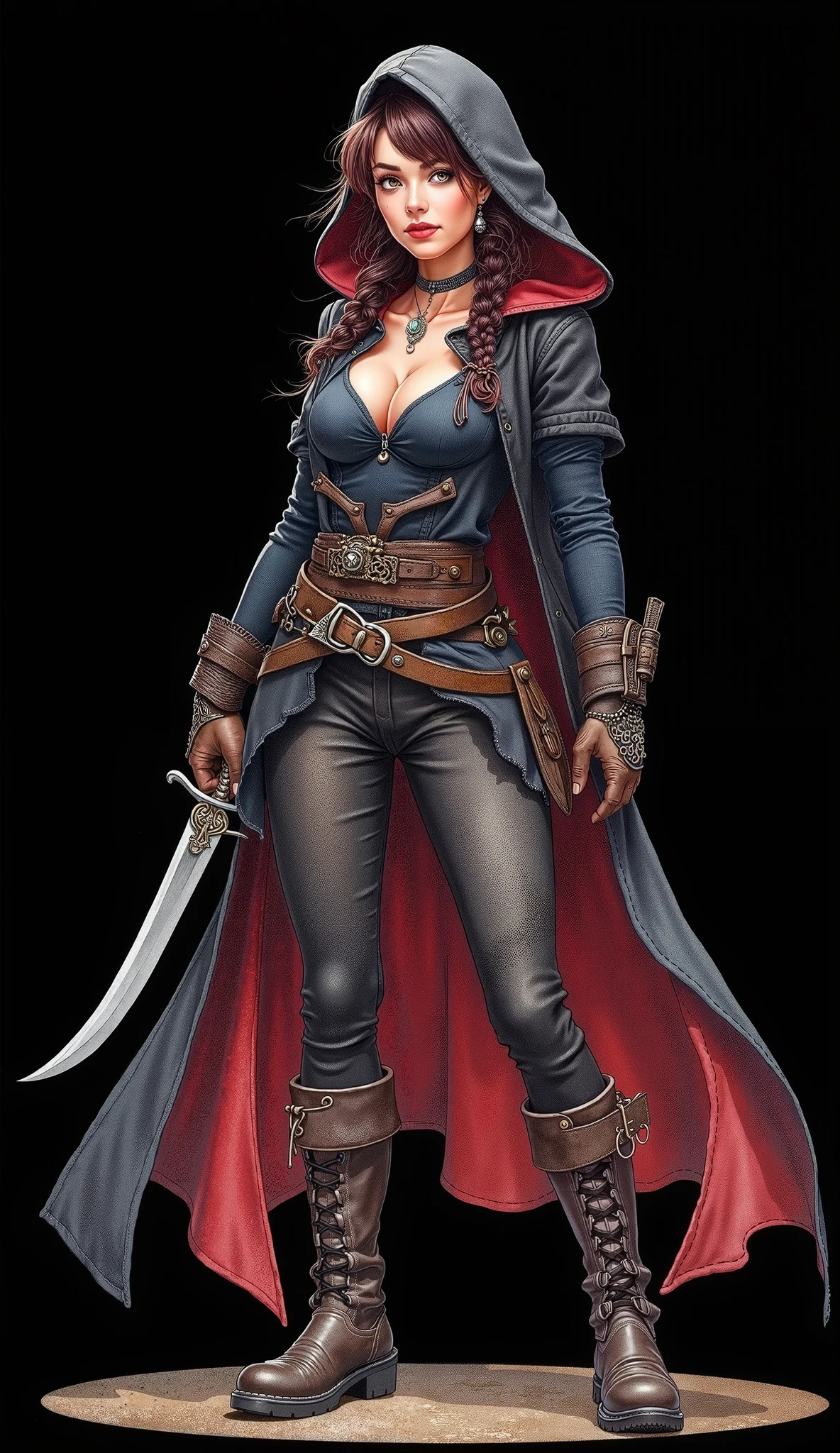 steampunk fanart of an imposing pirate woman, with wavy black hair that falls to her waist and blue eyes. Your skin is sun-kissed and scarred. She wears a large cloak reinforced with metal, adorned with pirate insignia, practical clothes, tall boots, and of course, Her hat,. Besides two pistols and a long sword