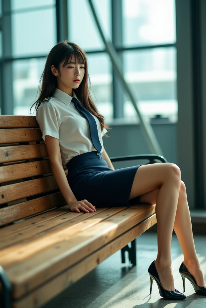 ((of the highest quality, 8K, masutepiece: 1.3, Raw photo)), Sharp Focus: 1.2, (1 AESPA Girl :1.1), Solo, (Realistic, Photorealistic: 1.37), (Face Focus: 1.1), Cute face, hyperdetailed face, Short messy hair, Small Smile, Small breasts, flat chest, (flight attendant chiffon style uniform, skirt: 1.1), sitting, Thigh, (airport, terminal: 1.2), flower