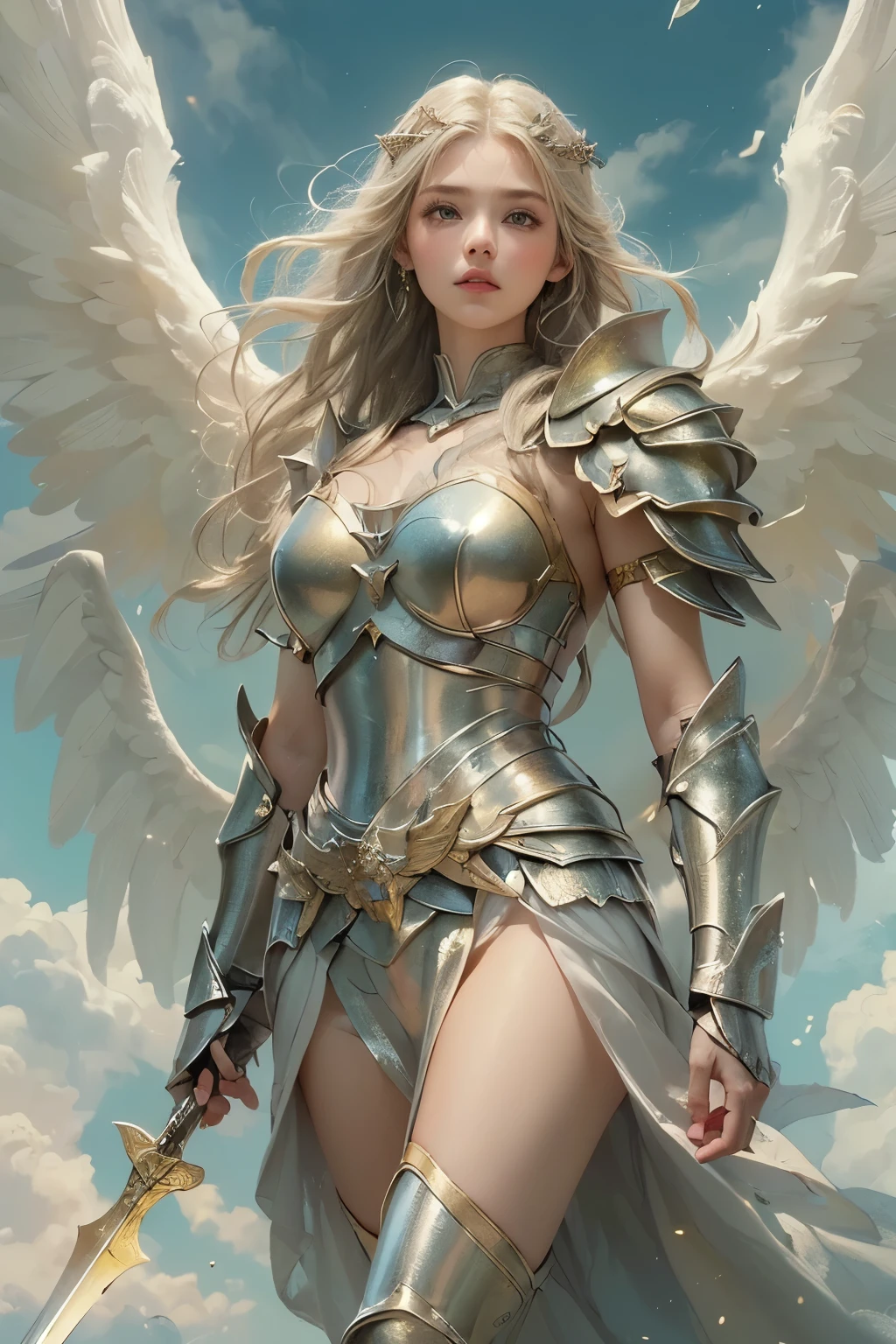 ( Masterpiece, top quality,   beautiful and aesthetic  :1.2),(A young female angel in armor :1.2)、( Valkyrie )、(With a spear)、(holy  angel), angel,wing,Standing on the Clouds,  looking down  , (whole body)、  detailed face,  detailed skin,  beautiful hair、 Look Down ,Mysterious Light,  spirit creature  ,( Wind and Fire ),Noble,blazing  angel, shiny golden,guardian  angel,
