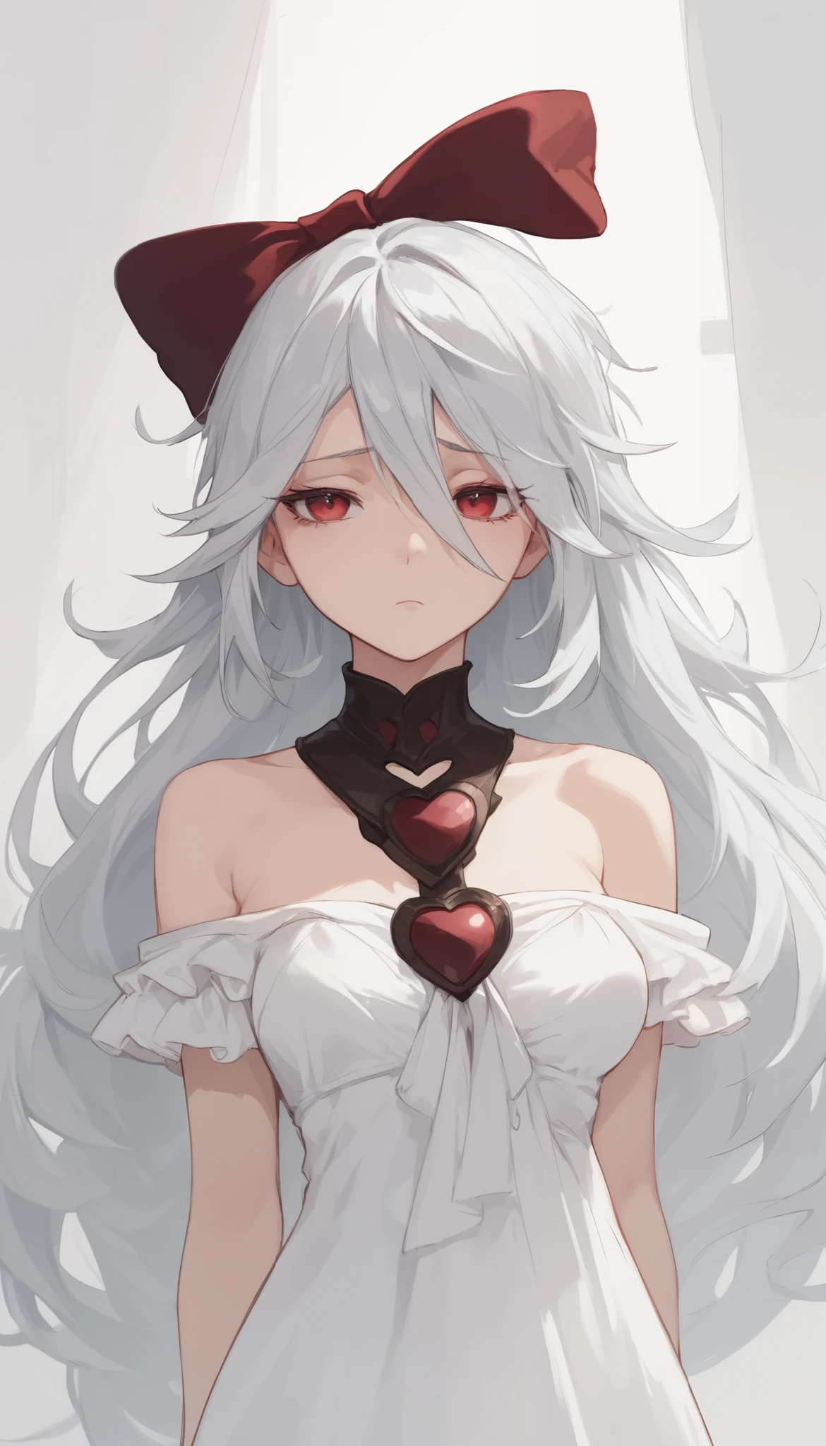 score_9, score_8_up, score_7_up, sinestrea, 1girl, white hair, bare shoulders, white dress, frown hair bow, long hair, heart brooch, medium breasts, hair bow, ribbon, red eyes,Bedroom