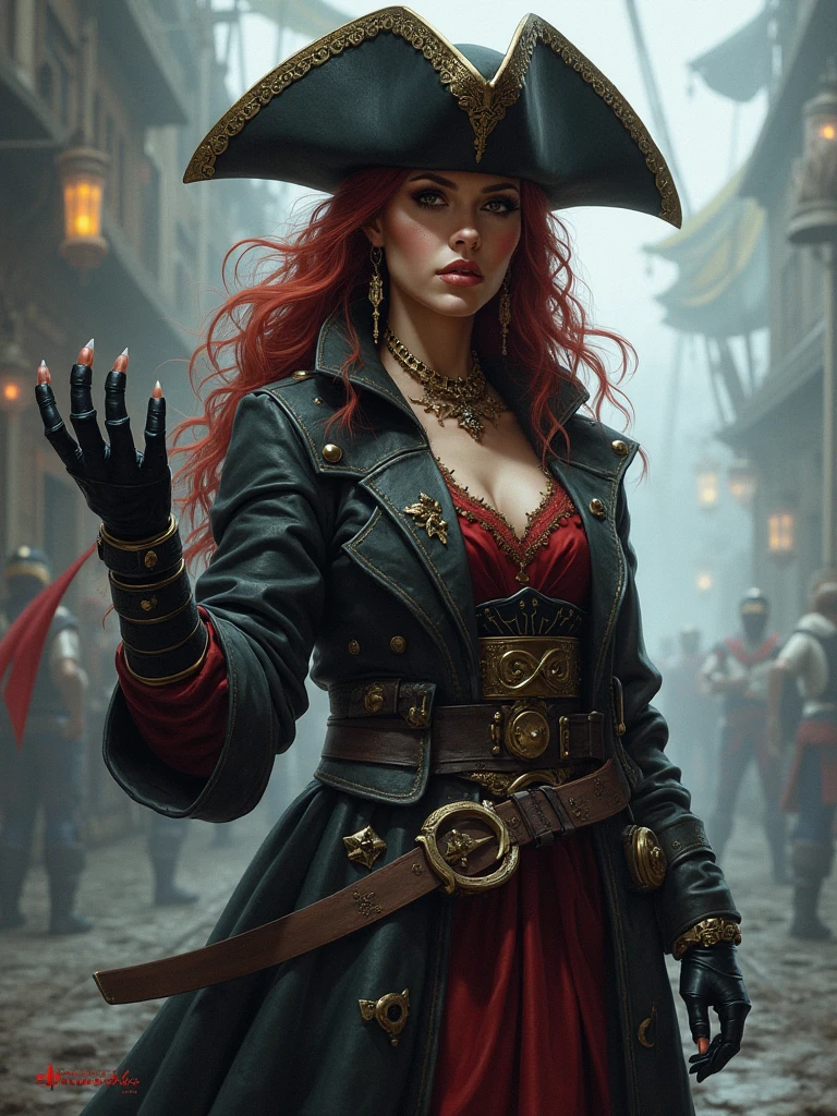 (Superior quality, 4k), Official Art, 8k, wallpaper, ultra detailed, 25 year old pirate girl, europea, Caucasian, very pretty, goddess of beauty, carved face, detailed eyes, view the whole body. Torn clothing showing intricate details, Worn and dirty leather boots , she wears a pirate dress, pirate hat, leather corset, short white shirt with neckline, Show your shoulders, open neckline, tattoos, tattoos en brazos, wears gold rings, wears gold hoop earrings, Gold bracelets, gold jewelry,Long curly, very red-orange hair that falls in tousled ringlets over his chest, waving, fierce and determined expression, Scene on an old and worn pirate ship, banderas de calaveras waving ras ella, Clear image of pirates of the Caribbean, Fine details of intricately drawn skull and bones., Vibrant art nouveau atmosphere with dark tones.