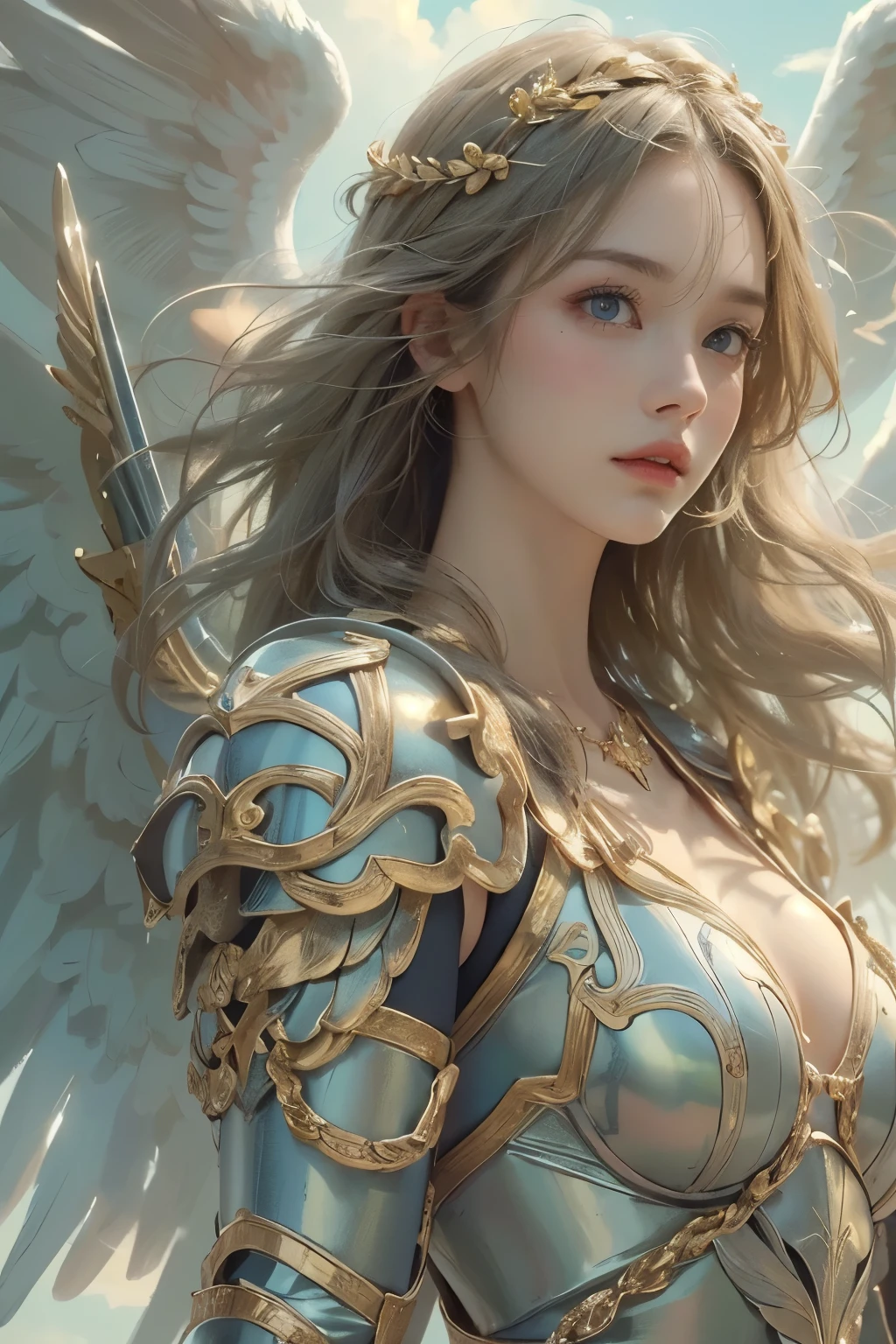 (A young female angel in armor :1.2)、( Valkyrie )、(With a spear)、(holy angel), angel,wing,Standing on the Clouds, looking down , (whole body)、 detailed face, detailed skin, beautiful hair、 Look Down ,Mysterious Light, spirit creature ,( Wind and Fire ),Noble,blazing angel, shiny golden,guardian angel, ( beautiful and aesthetic :1.2) ( top quality、 high resolution、 Masterpiece)、