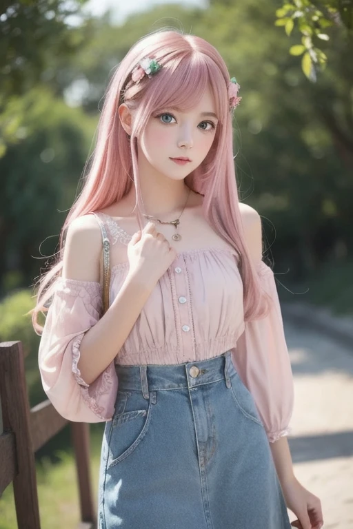 A adorable cute little girl standing with blue eyes, pale skin, smooth pale skin, skin tune pink, cute face, white hair, ponytail hair, super detailed, 8k