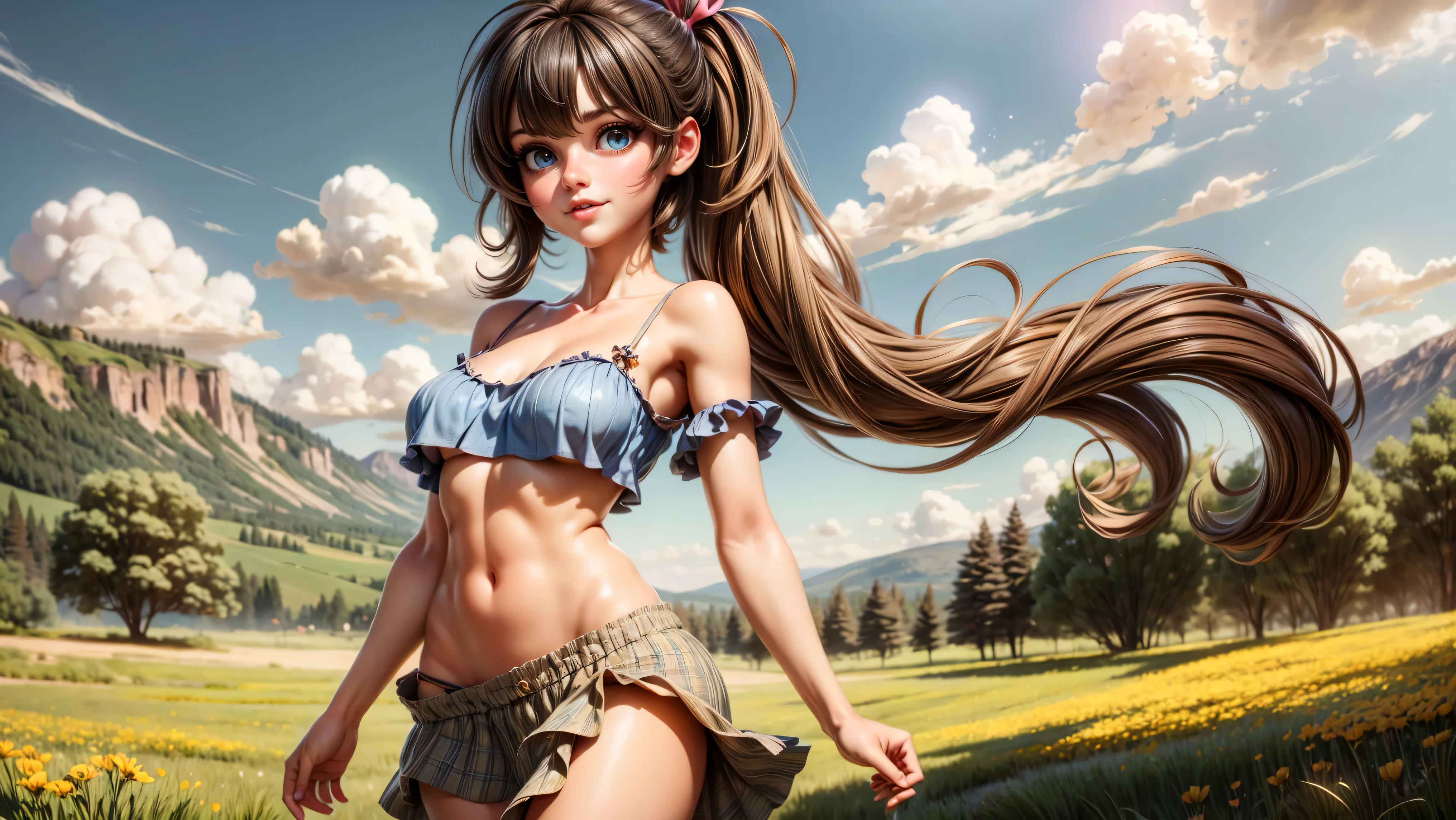 ((1girl, solo)), standing in a meadow full of wildflowers, young girl, cute girl, skinny, petite, long hair, pigtails, pastel colors, ((loose top)), midriff, ((top loosely draped over her breasts)), underboob, looking at viewer, sexy, skirt low on hips, cowboy shot, (full body portrait), ((black hair)), beautiful lips, sexy mouth, ribbon, hair ribbon, bangs, upper body, blue eyed, bangs, ribbon, meadow background, springtime, walking through a meadow,