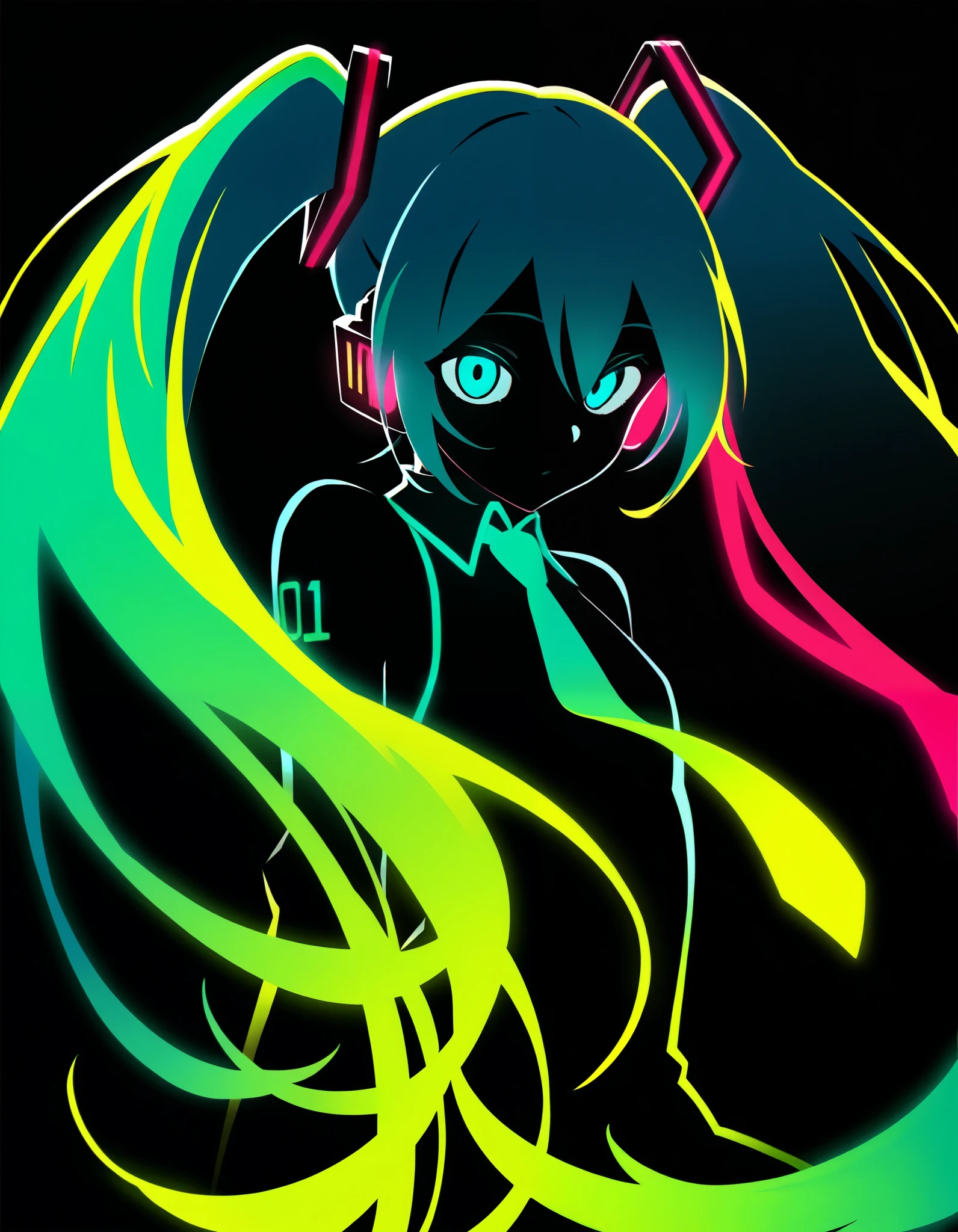 Hatsune Miku,limited palette,black background,colorful,vibrant,glowing outline,neon,blacklight,looking at viewer, masterpiece, very aesthetic