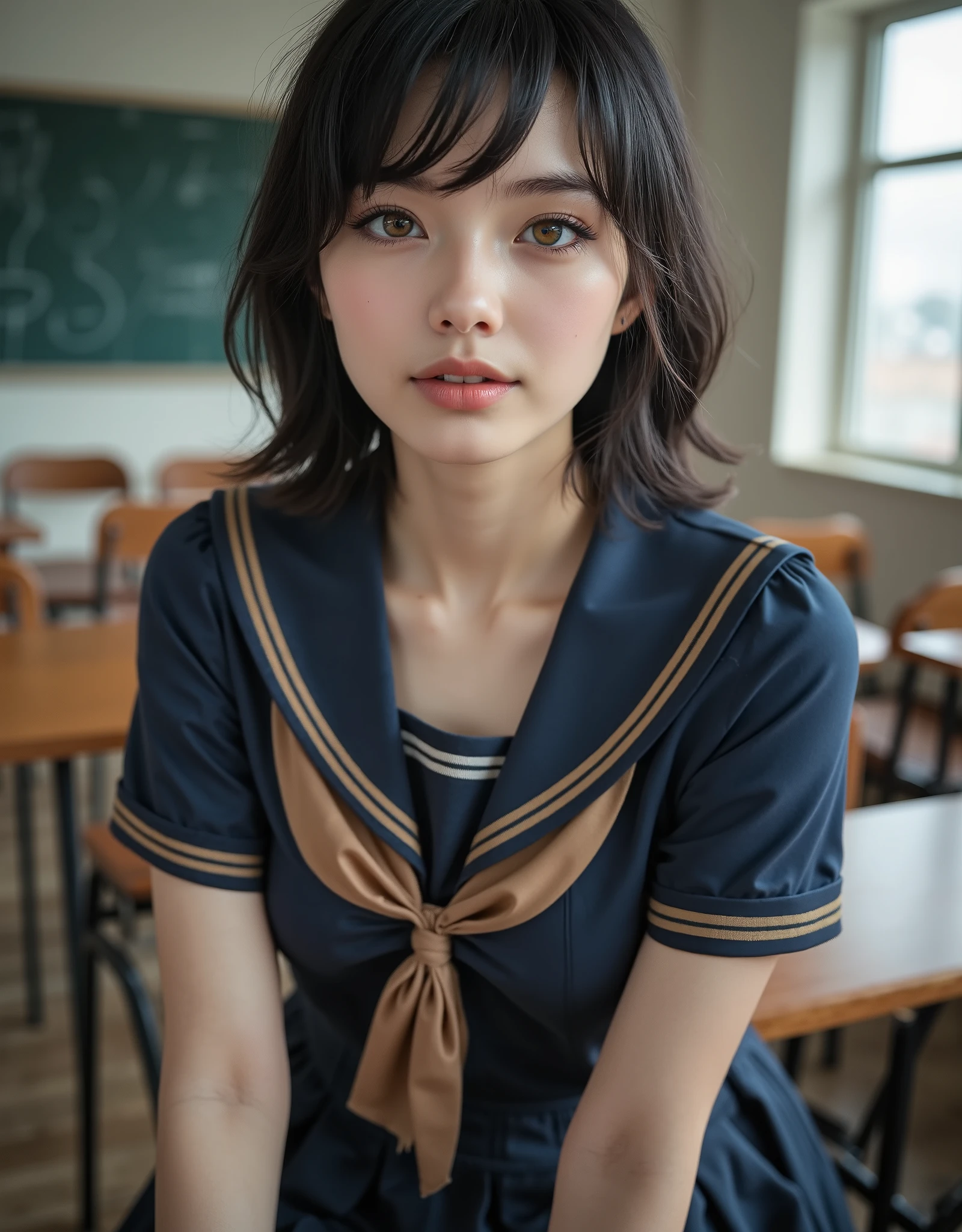(Canon), (EOS R5), (50mm), ((( photorealistic:1.5))), (No lens flare :1.5), ((超 high resolution)), ( Masterpiece), accurate,( is presentな質感の肌), Super Detail, high detail, high quality , Award-winning work , 最 high quality, 32K, depth of coverage, digital camera, award-winning glamour photo , professional lighting, (SFW), ((最 high quality:1.5)), (( Masterpiece:1.5)), (( is present)), high resolution, is presentな影, Roughness, Real Life,( 1 Japanese woman so beautiful and cute), ( The cuteness of Japan's top idol ), ((Upper body shot seen obliquely from the front :1.5)), (( upper body shot from head to knee :1.5)), (( cute 18-year-old Japanese high school girl )), (( high school classroom , desk, chair, blackboard, and window visible )), (((Navy blue short sleeve sailor suit with dark blue collar and 3 brown lines :1.8))), (((襟と胸当てが紺色で3本の茶色ラインがある半袖の紺色夏服セーラー服と dark blue flare skirt を着て椅子に座っている:1.8))), (( short sleeve navy blue sailor suit with dark blue collar and breastplate :1.8)), (( no front buttons on a sailor suit :1.8)), (( sailor suit chest is dark blue with 3 brown lines :1.5)), (( dark blue flare skirt :1.5)), ((Brown scarf for sailor suit :1.8)), ((Navy blue scarf closure :1.5)), (( no accessories:1.5)), (( No Earrings :1.5)), ((Without necklace:1.5)), ((Women's watch on her left arm )), (( a very cute high school girl who feels young )), Attractive cuteness , seductive pose holding hands, Height: 160cm, slim figure, Beautifully shaped bust, D Cup, ((少し歯が見える very cute smile:1.5)), ( alone:1.5), (There is only one person in the classroom), ( brown eyes:1.9), ( Detailed depiction of extremely realistic skin ), (Highly detailed, realistic eyes:1.9), (Very beautiful, long, realistic eyelashes), (Highly detailed, realistic eyebrows), (丸い brown eyes :1.8), ( beautiful catchlight on the eyes), (Realistic lips with moisture ), ( white realistic teeth neatly arranged ), ( Beautiful and Detailed Face :1.6), ( hourglass figure:1.6), (Wasp waist :1.5), ( Perfectly round and beautifully shaped bust :1.8), ( clearly contoured cheekbones :1.5), ( perfectly styled body :1.8), (Healthy body :1.8), (Narrow shoulders:1.9), ( is staring at the viewer), ( Seductive Gaze ), (Beautiful, natural-looking hands), ( beautiful pink nails with beautiful length), ( show your hands as little as possible ), ( very cute smile:1.1), ( her stomach and navel may be slightly visible:1.4), ( dark hair medium hair :1.3), ( beautiful black hair), ( has bangs), Natural atmosphere, Very cute type, beautiful thighs, (( evening classroom )), (( with a pencil case and notebook on her desk :1.4)), (( show your hands as little as possible )), ((I can't show my feet)), background, Illuminate the face, dynamic pose with an enema, beautiful body line , Beautiful, realistic skin , Art Photography, beautiful soft lighting , accurate手の形, accurate指の形, accurate指の数,5 fingers on one hand ,((No watermark, No signature))