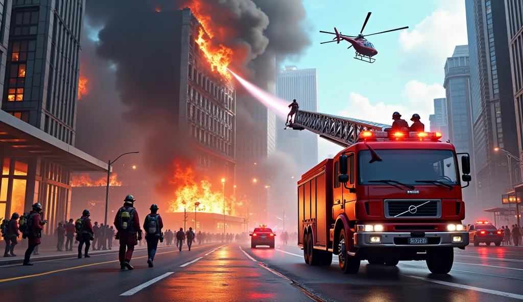 "Generate ultra-HD images of chic Chinese firefighters, Classic running position. Use advanced macro photography techniques、Highlight the intricate details of firefighting clothing, Expressive helmets and water cannons partially sticking out.male people,Masculine,robust,Brave, Place the camera on the firefighter's calf, Look up. Achieve a large aperture for shallow depth of field, Let firefighters stand out clearly against a slightly blurred background. Improve lighting、Emphasize the texture and contour of the firefighter's body, avec un soft, Remove rough shadows、, Tense and intense atmosphere. Grab the firefighter in a fierce pose, But balanced, Show your flexibility and elegance. Try to capture moments in natural motion, Fire, charge, etc, Convey realism. Implement post-processing techniques to improve image clarity, Contrast, and color balance, Protect all aspects, From the intricate pattern of the firefighter to his intense gaze, Rendered in amazing detail. finally, Convey the might of firefighters who heroically fight fires, Capture fleeting moments,Celebrate the unique nature of firefighters' bravery and strength."