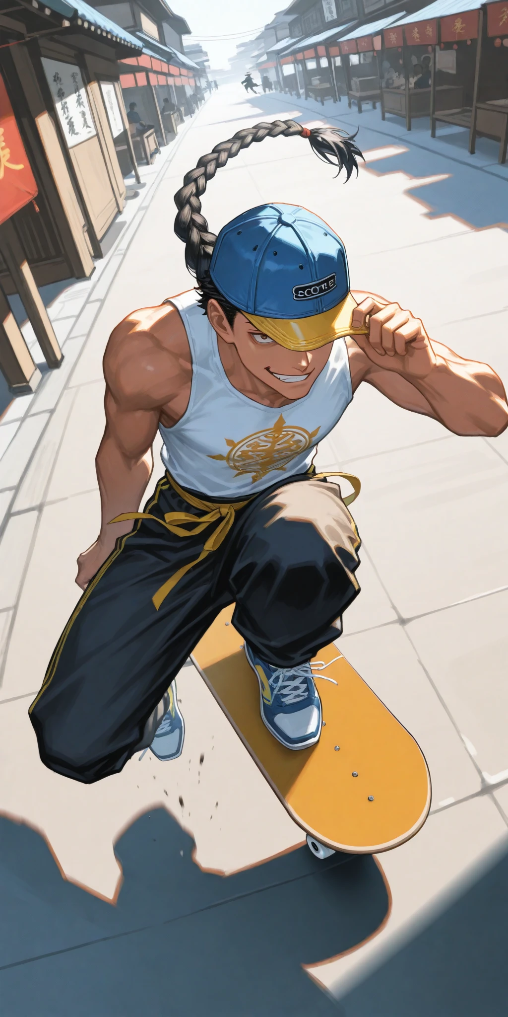 1boy\((Yun\(Street Fighter 4\)), (young), jumping high on skateboard, hand at cap brim, eyes hidden by on deep pulled down cap,(blue cap with (yellow brim:1.2)), long braid hair,black  loose  (Wudang Tai Chi pants),white sleeveless (Wudang Tai Chi Shirt), sneakers,big smirk,slim,\), street of old China countryside market, dynamic Pose, dynamic movement, dynamic angle, action scene, motion blur, vibrant Hong Kong people, rearistic,masterpiece, best quality, dynamic concentration line