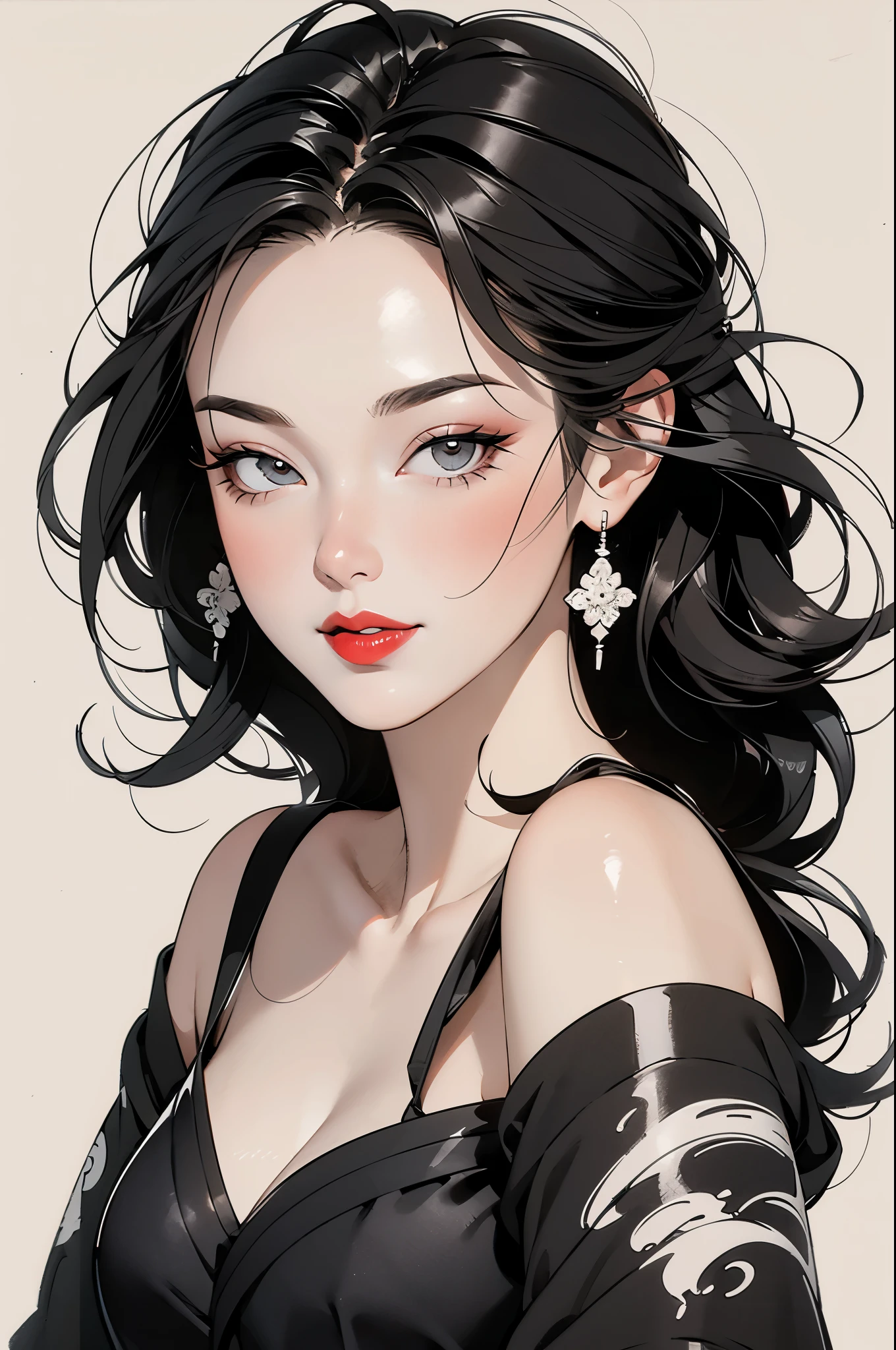 black and white ink painting,pen sketch drawing,Loose brushstrokes,Pen outlines delicate lines,flowing action,Subtle ink tones, pin-up style, red lips, 3/4 view, faded edges