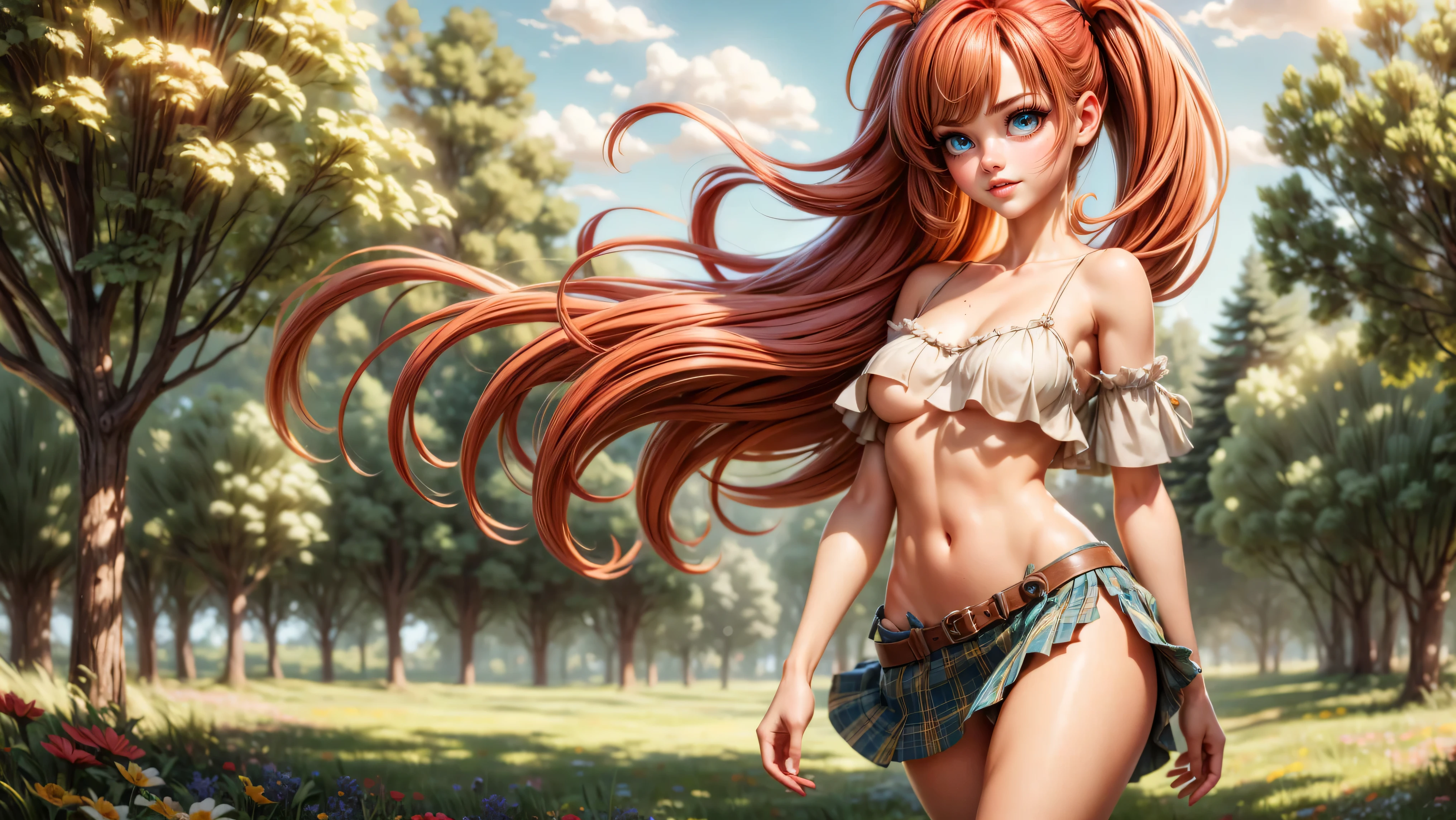 ((1girl, solo)), standing in a meadow full of wildflowers, young girl, cute girl, skinny, petite, long hair, pigtails, pastel colors, ((loose top)), midriff, ((top loosely draped over her breasts)), underboob, looking at viewer, sexy, skirt low on hips, cowboy shot, (full body portrait), ((red hair)), beautiful lips, sexy mouth, ribbon, hair ribbon, bangs, upper body, blue eyed, bangs, ribbon, meadow background, springtime, walking through a meadow,