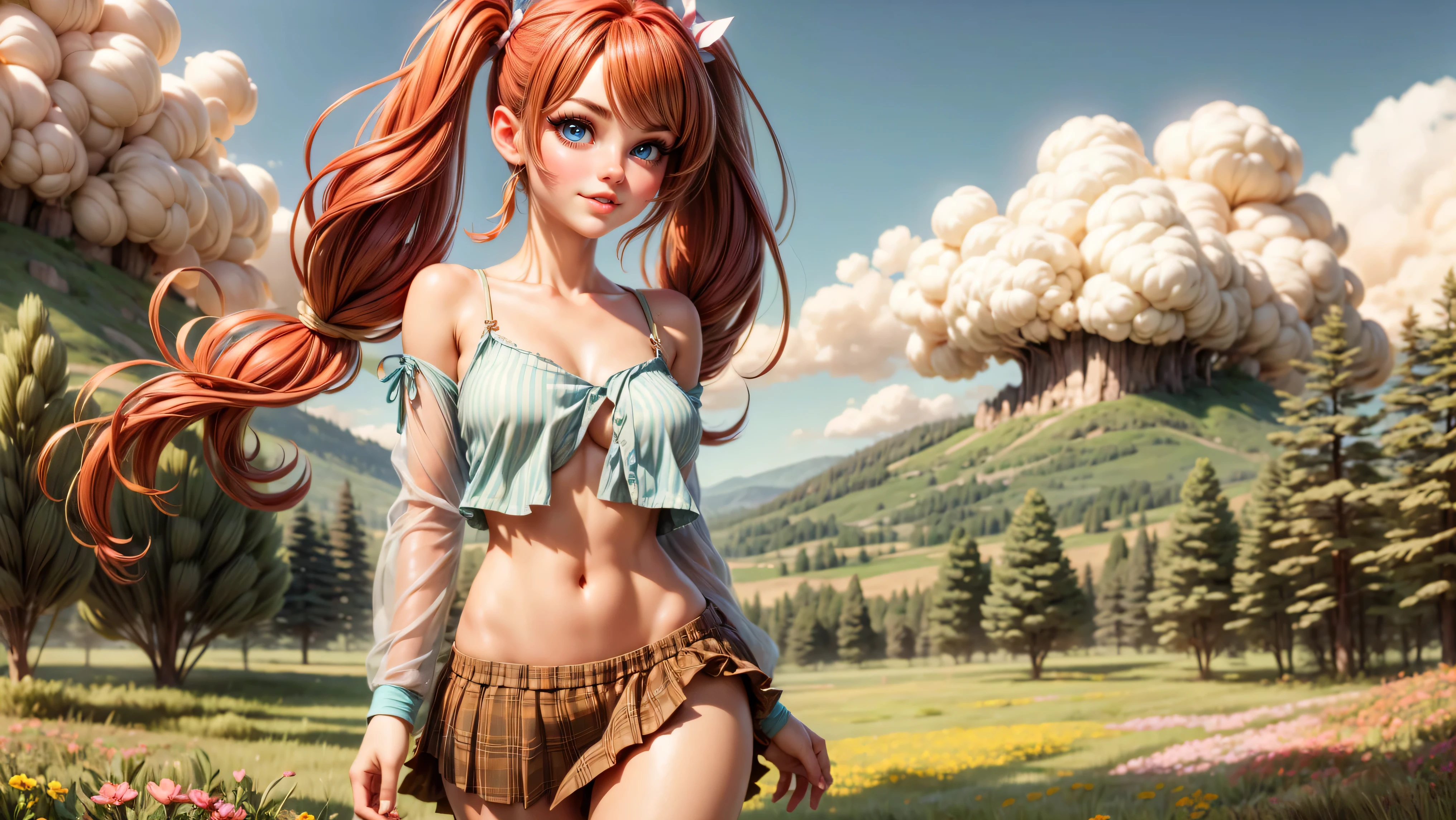 ((1girl, solo)), standing in a meadow full of wildflowers, young girl, cute girl, skinny, petite, long hair, pigtails, pastel colors, ((loose top)), midriff, ((top loosely draped over her breasts)), underboob, looking at viewer, sexy, skirt low on hips, cowboy shot, (full body portrait), ((red hair)), beautiful lips, sexy mouth, ribbon, hair ribbon, bangs, upper body, blue eyed, bangs, ribbon, meadow background, springtime, walking through a meadow,