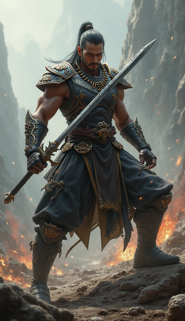 a Thai warrior man with short hair, holding a bow, wearing battle armor, tall stature, detailed facial features, dramatic lighting, cinematic composition, fantasy art, digital painting, muted color palette, masterpiece, best quality, 8k, ultra-detailed, photorealistic