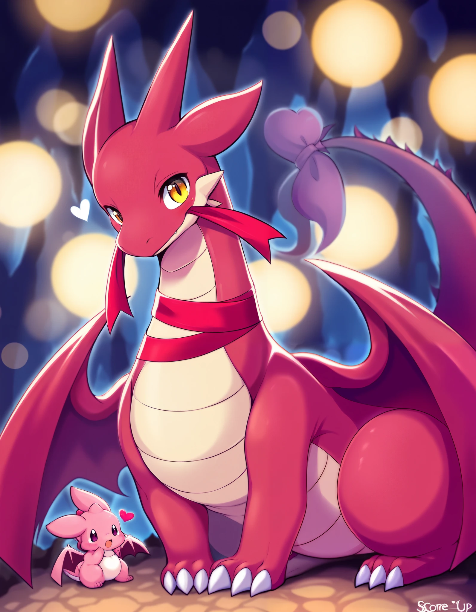 best quality fantasy art of an adorable red  dragon, ribbon, heart, light bokeh, kawaii cave background 