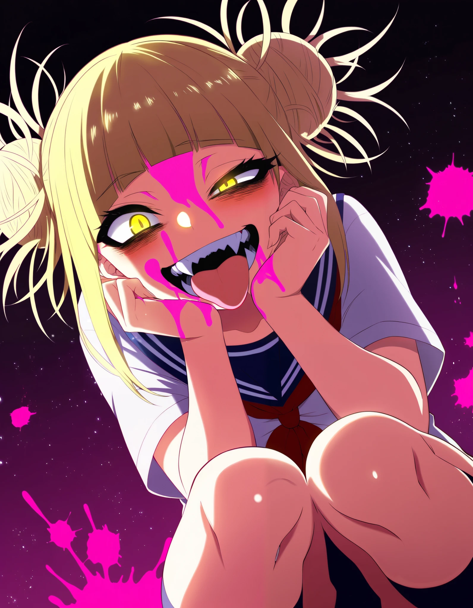 rim light, masterpiece, best quality, amazing quality, very aesthetic, high resolution, ultra-detailed, absurdres, newest, scenery, dark, 1girl, toga himiko, glowing yellow eyes, (blood on face, pink blood:1.2), crazy smile, shaded face, teeth, fangs, (open mouth:1.2), tongue out, lip licking, double bun, crazy eyes, wide-eyed, big eyes, sanpaku, (uneven eyes:1.2), raised furrowed eyebrows, pink blood, (hands on own cheek:1.2), school uniform, from above, looking up, dutch angle, head tilt, leaning forward, knees together feet apart, twisty pose, dynamic, colorful light particles, (pink:0.7) colorful background, backlighting, wide shot, BREAK, hands, fingers, mouth, tongue, ears, detailed tongue, extremely detailed, extremely detailed eyes, photorealistic details, detailed skin, detailed hair, delicate hair, shiny skin, volumetric lighting