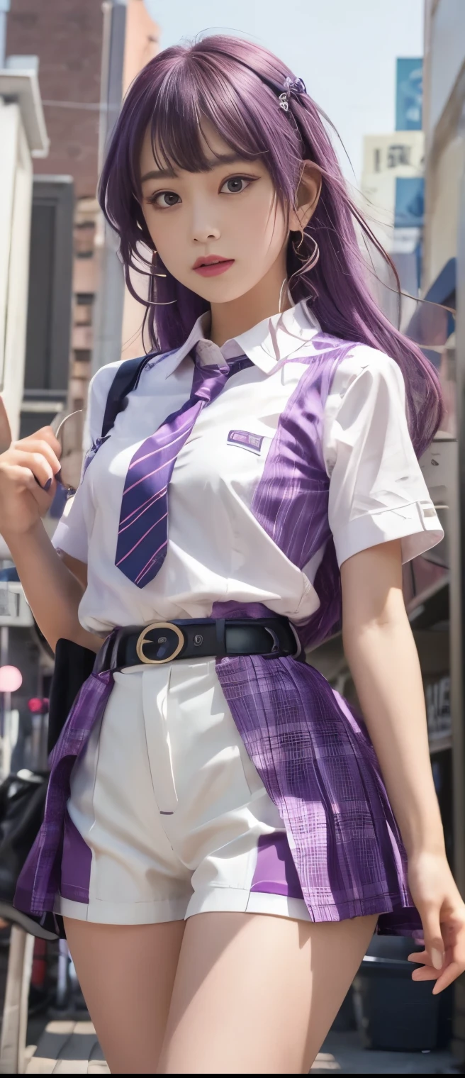 pure idol girl( purple hair)、A pure girl's face、 hypo、 shirt with tie 、White Striped Tight Shorts、Skeleton Belt、 fishnet、Glowing Punk Town