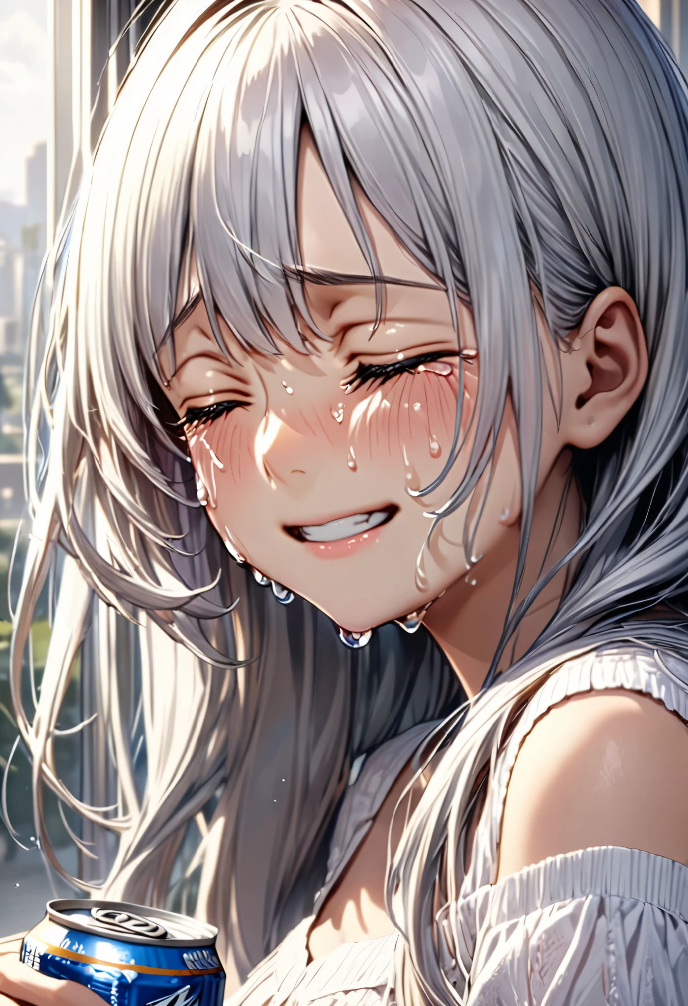 Profile of a woman with beautiful Silver Hair , (( close eyes , Look to the right, And there's no place to stop , big tears overflow and can't stop , Amount of tears:1.4)) , A Sad Breakup Masterpiece To Her Loved One, high detail, very detailed, long hair, Silver Hair, shiny hair , smiles, closed eyes ,