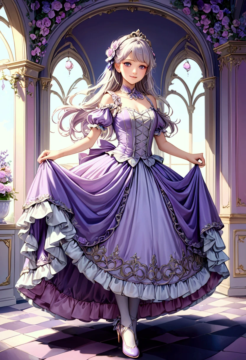 (shoujo-style:1.2),((anime artstyle)),(Masterpiece),(Best Quality), (Super Detail),(((Very Delicate and Beautiful))),Solo,full body,((full body portrait)),((1 bling-bling gorgeous princess in beautiful embroidery and bling-bling jeweled gorgeous rococo ballgown)),((((absurdly gigantic tits)))),(((cleavage,curvy))),Skindentation,detailed face and eyes,jewel-like eyes,((castle,outdoor)),((crinoline,long train)),gorgeous princess rococo ballgown with voluminous full length hoop skirt and long train,(((bling-bling gorgeous rococo ballgown with beautiful embroidery and bling-bling jeweled))),((large amount of straight hair, absurdly long hair,Very Long Straight Hair)),extremely gorgeousfull hair ornament,(bling-bling extremely gorgeousfull jeweled tiara),luxurious jewelry,full body,((bling-bling beautiful embroidery and bling-bling jeweled gorgeous rococo ballgown))