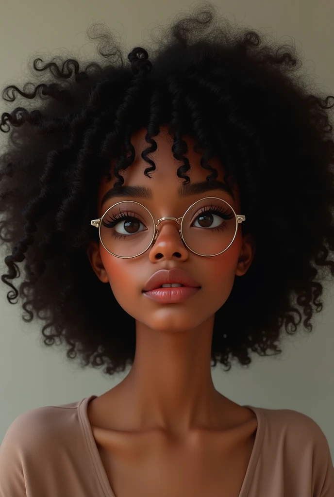 I need you to generate an illustration of the following characteristics of a brown-haired woman, short with a well-formed body, with glasses, dark-skinned and curly-haired, teenager in the style of Gravity Falls animation
