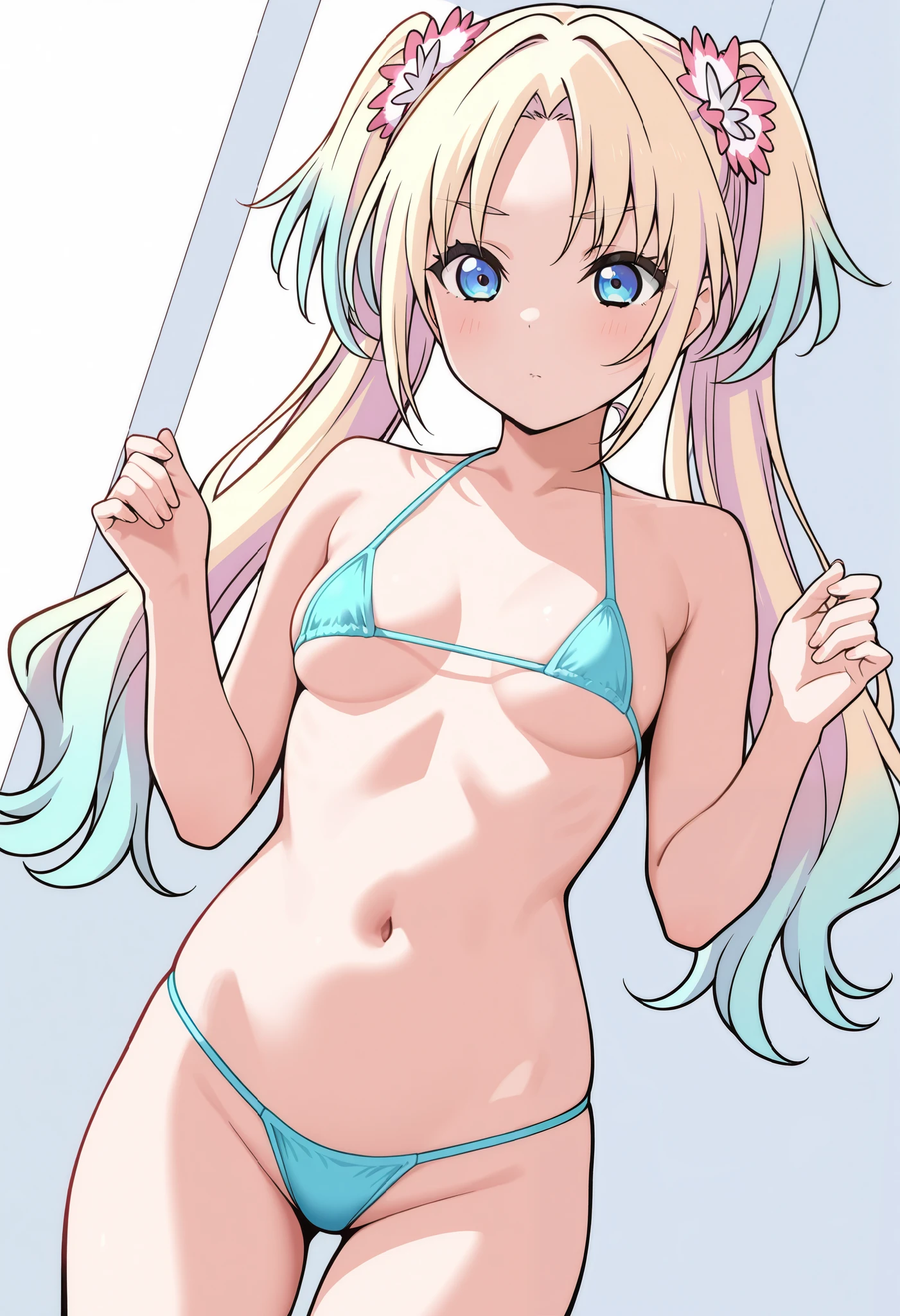 masterpiece, best quality, ultra detailed,1 girl, micro bikini, tan skin, twintail, 