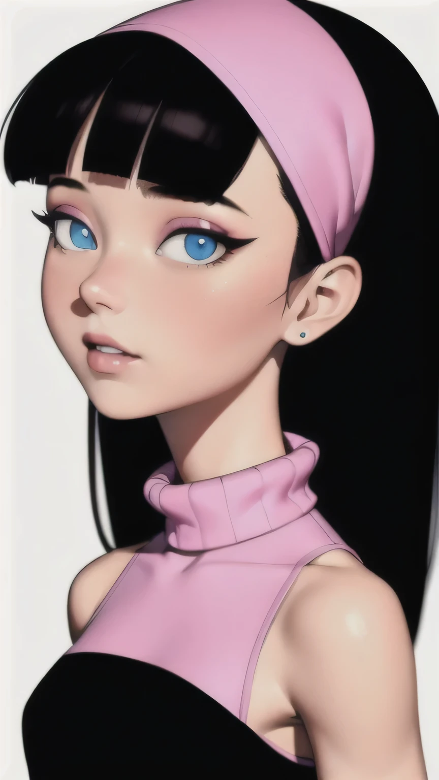 masterpiece, best quality,3d rending work ,3DMM style, portrait, 3D,1girl, solo, realistic, upper body, simple background,  trixie tang,  pink headband, long hair, black hair, white panties, (pink turtleneck), blue eyes, pink eyeshadow, smooth hair, pupils, flat chest, High Resolution, Best Quality, Detail, High Details, Super Detailed, 