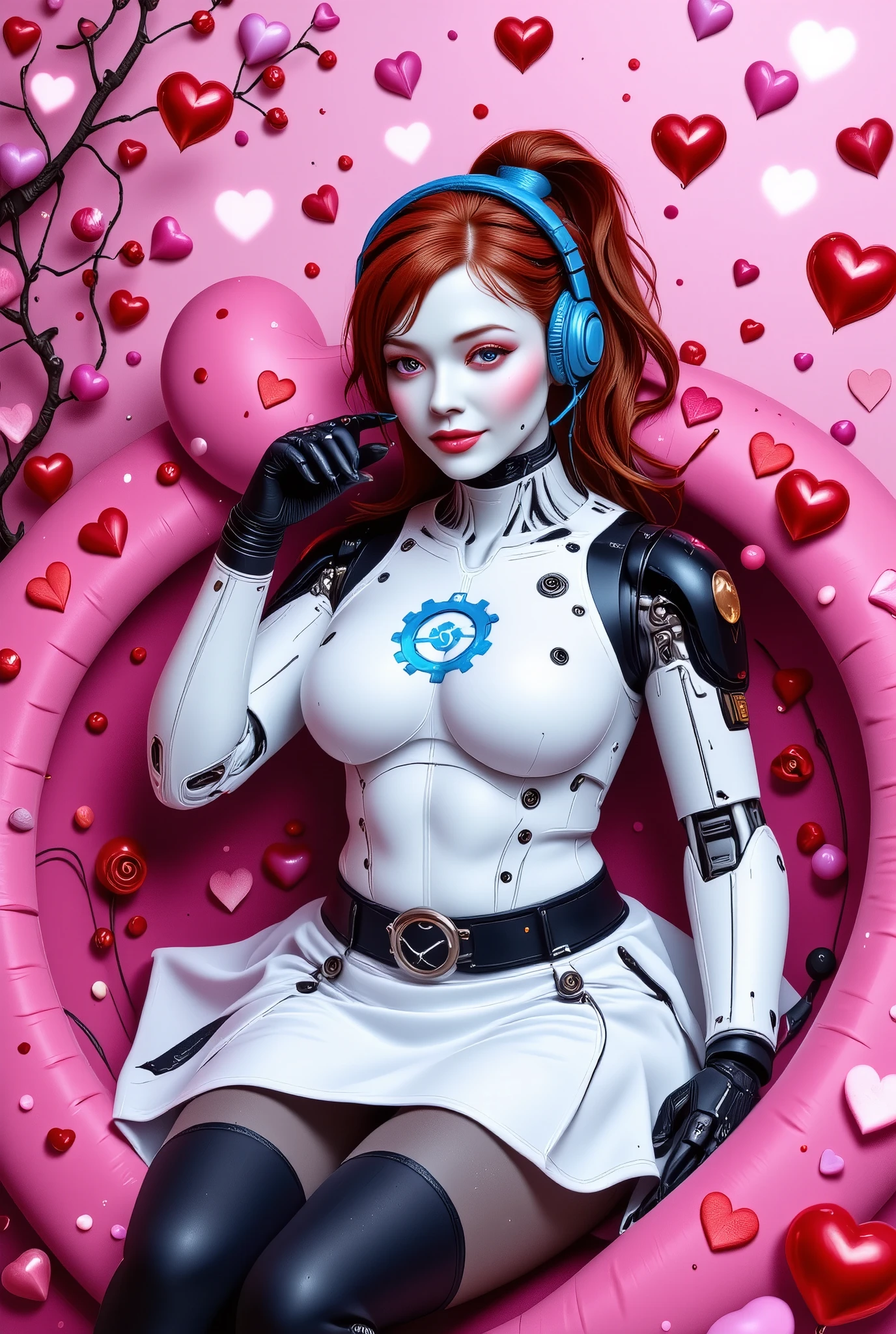 a fantasy land full of valentine hearts, a sexy cute curvy anime robot scantily clad woman with grayish white robot skin, lying down on a heart shaped bed, ((pink cheek dots1.3)), sexy smile, long red hair with a single side ponytail, light blush, wearing a short white skirt with light blue trim, (((a white gear logo with a light blue background on the center of her chest1.6))), black fingerless elbow length gloves, black thigh high stockings, blue headset, blue belt, blue high heels, light blush, (winking at viewer), (with her hand on her cheek seductively1.2), best quality, very detailed, UHD, shot from the side, profile shot, sexy posture, dynamic pose, (((orgasm face1.5))), seducing viewer, Pixar, soft glowing light, sparkle