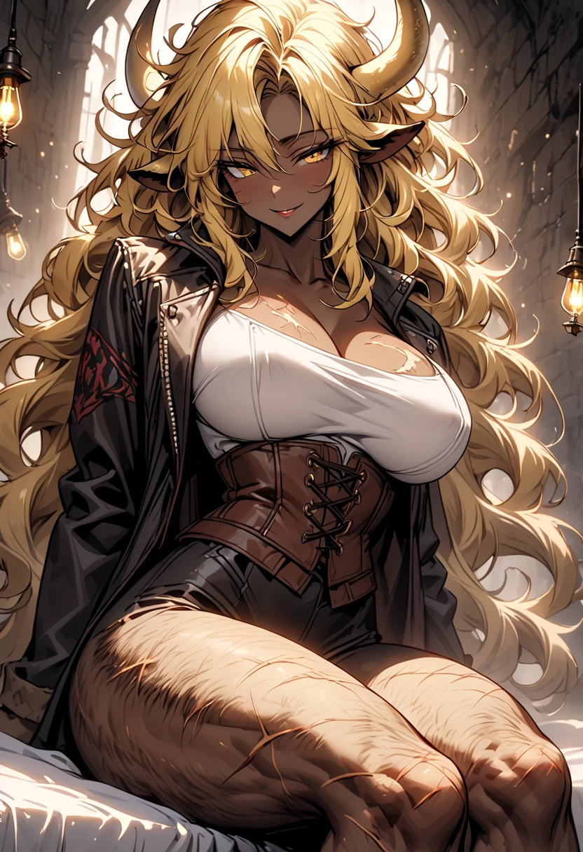(top-quality、tmasterpiece、high resolution、super high image quality,highly detailed,8K,high saturation), 30years old,degenbrecher(arknights), goat girl, looking at viewer, large breasts, hair between eyes, goat horns, animal ears, solo, long hair, closed mouth, blonde hair, yellow eyes, goat ear,in the wooden house, cowboy shot,cleavage,orange lingerie,lace decoration,black necktie, bed,navel,detailed face,detailed eyes,tall and strong figure