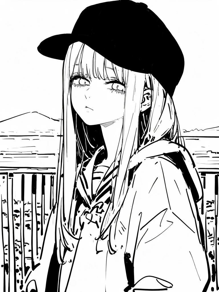 Picture of a girl with long hair and a hat , beautiful line art - SeaArt AI