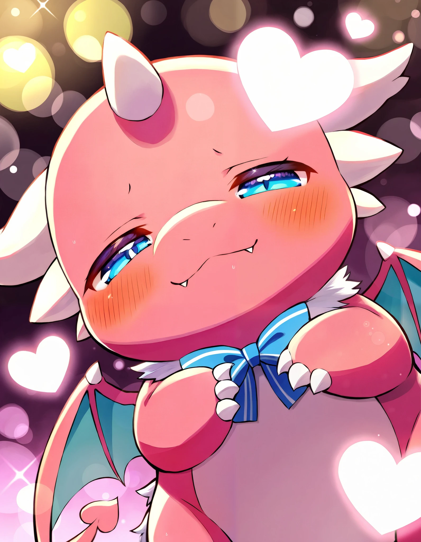 best quality fantasy art of an adorable red  dragon, ribbon, heart, light bokeh, kawaii cave background 