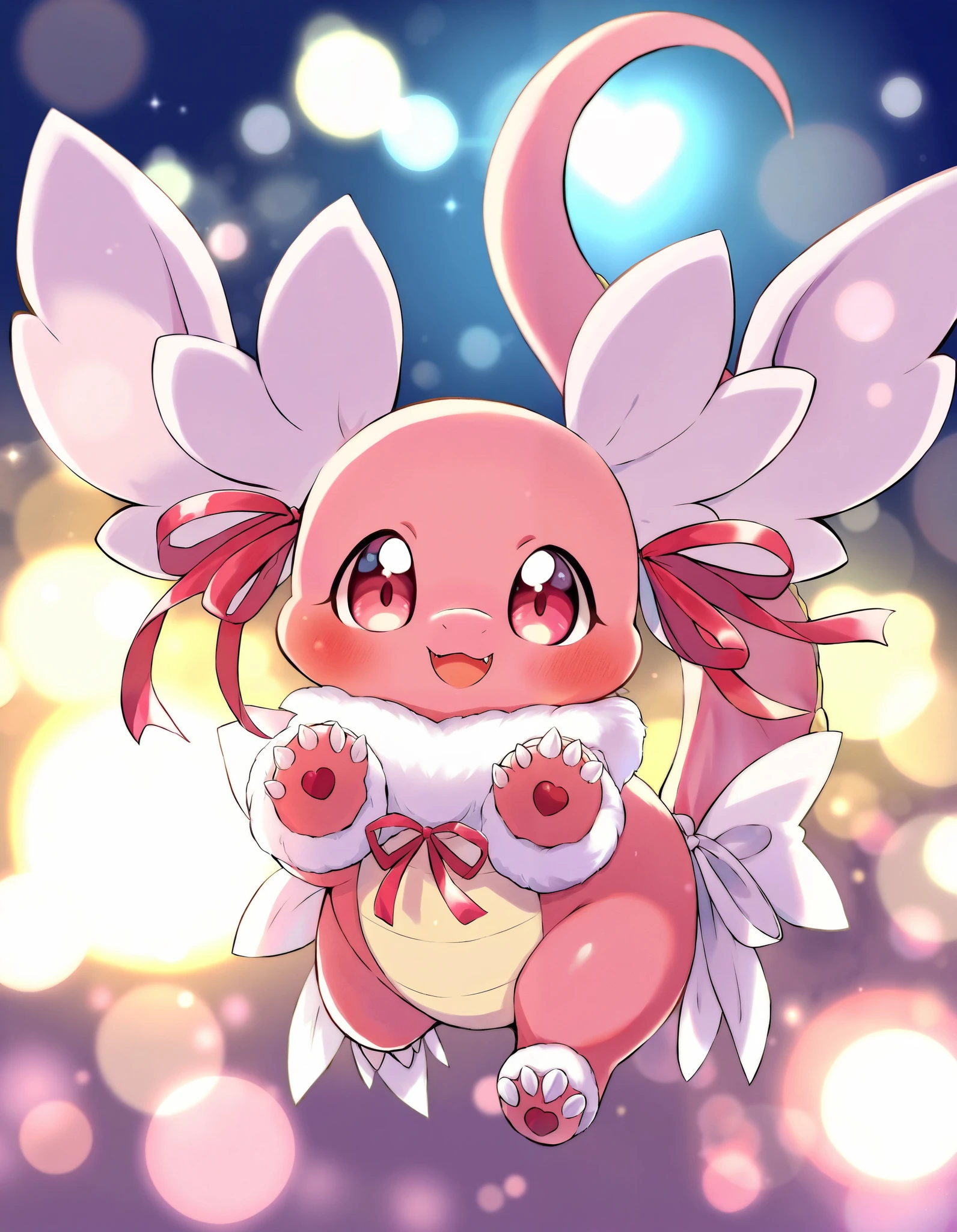 best quality fantasy art of an adorable red  dragon, ribbon, heart, light bokeh, kawaii cave background 