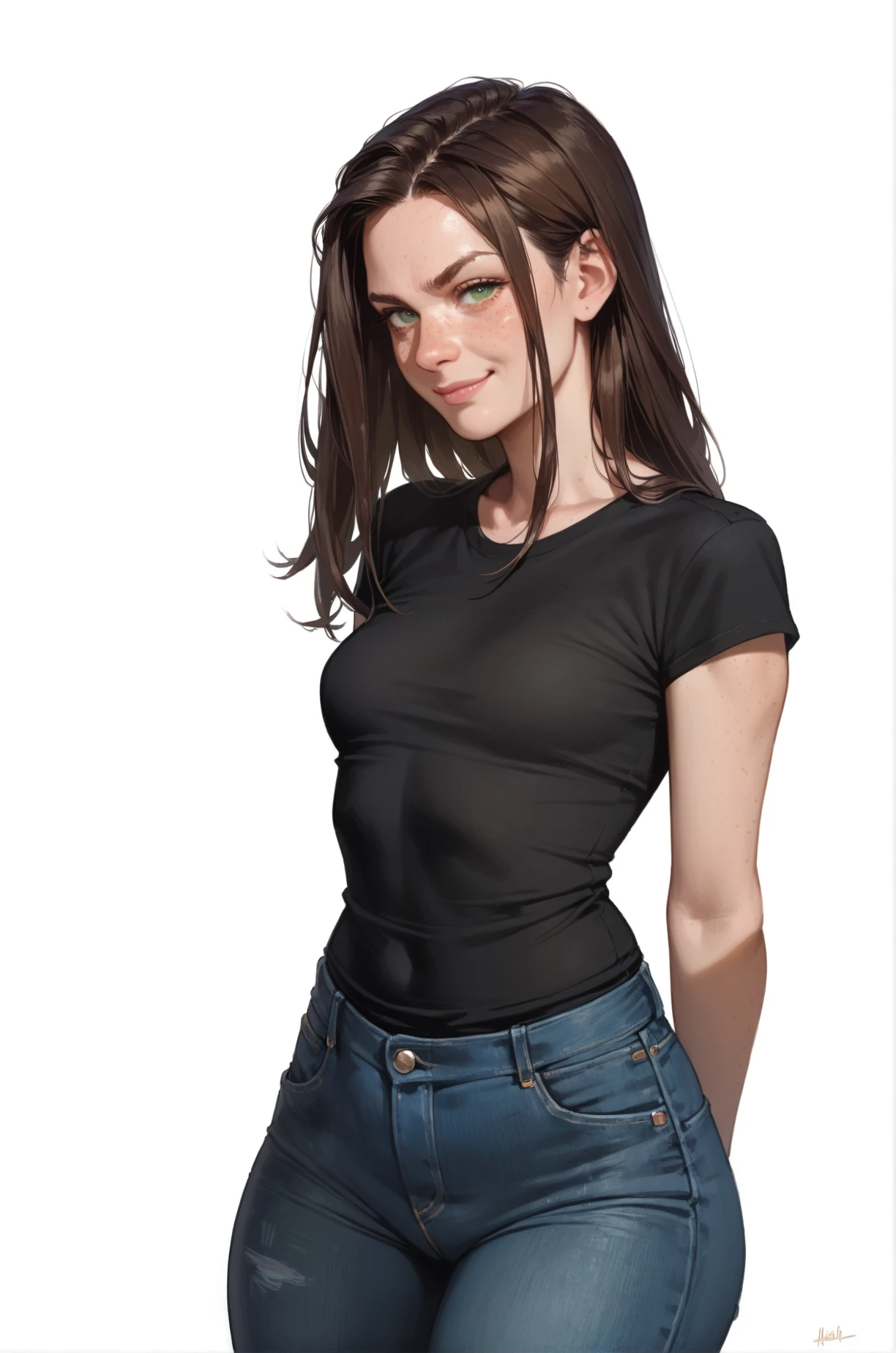 Beautiful ,23 years young girl,confident looking,8k,realistic,dark brown hair,fair skin, indian,long hair,clear facial features, wearing black shirt and blue jeans